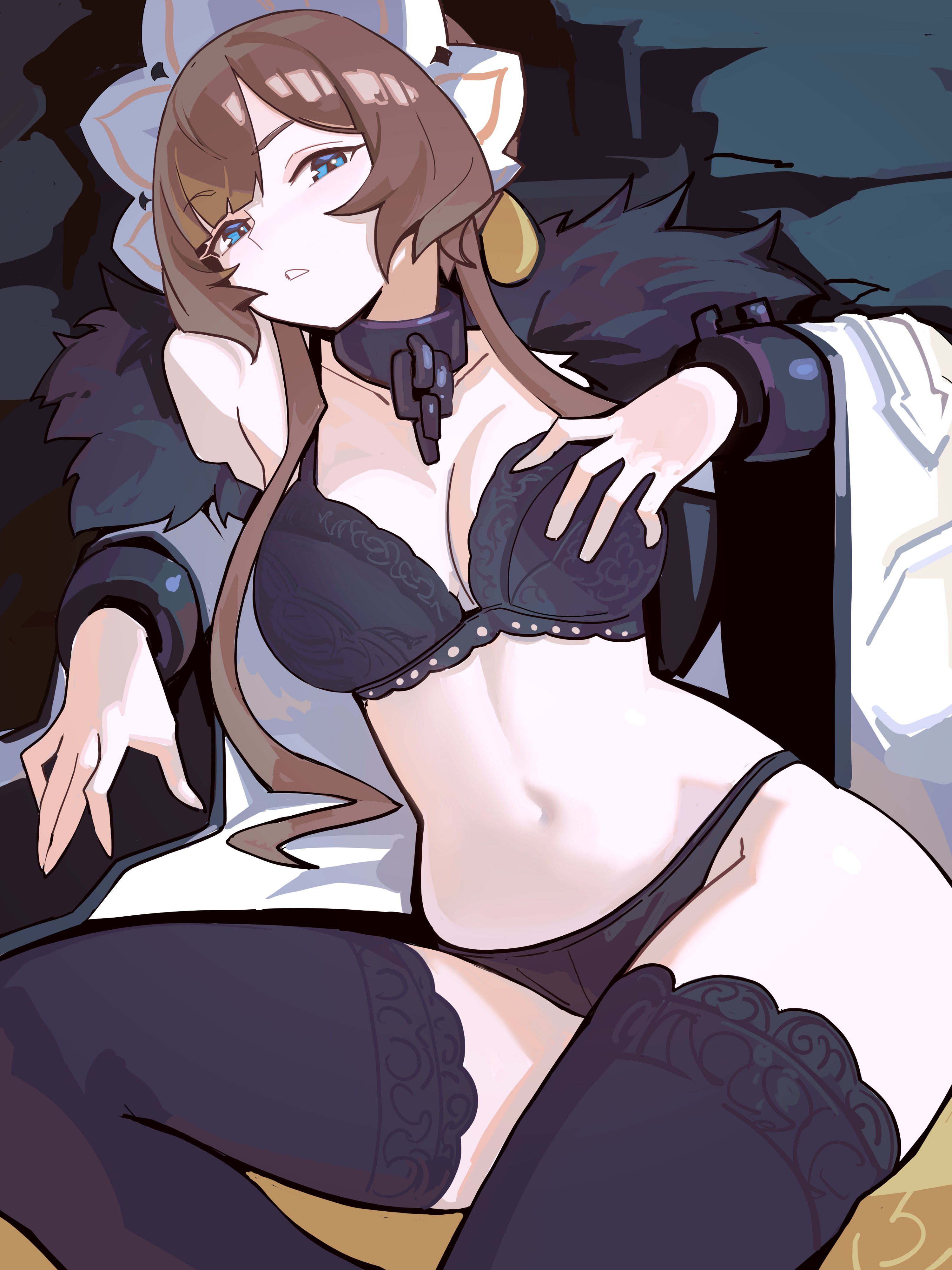 1girl, 1girls, absurd res, black bra, black collar, black legwear, black panties, black thighhighs, black underwear, blue eyes, bonnet, bra, breasts, brown hair, cleavage, collar, distr, elbow rest, female, female focus, fur trim, genshin impact, hand on own chest, highres, hoyoverse, leaning back, linea alba, lingerie, long sidelocks, looking at viewer, maid headdress, medium breasts, metal collar, metal wrist cuffs, mihoyo, navel, panties, parted bangs, parted lips, sandrone (genshin impact), short hair, short hair with long locks, sidelocks, sitting, solo, solo female, stomach, thighhighs, underwear, wide sleeves, wrist cuffs