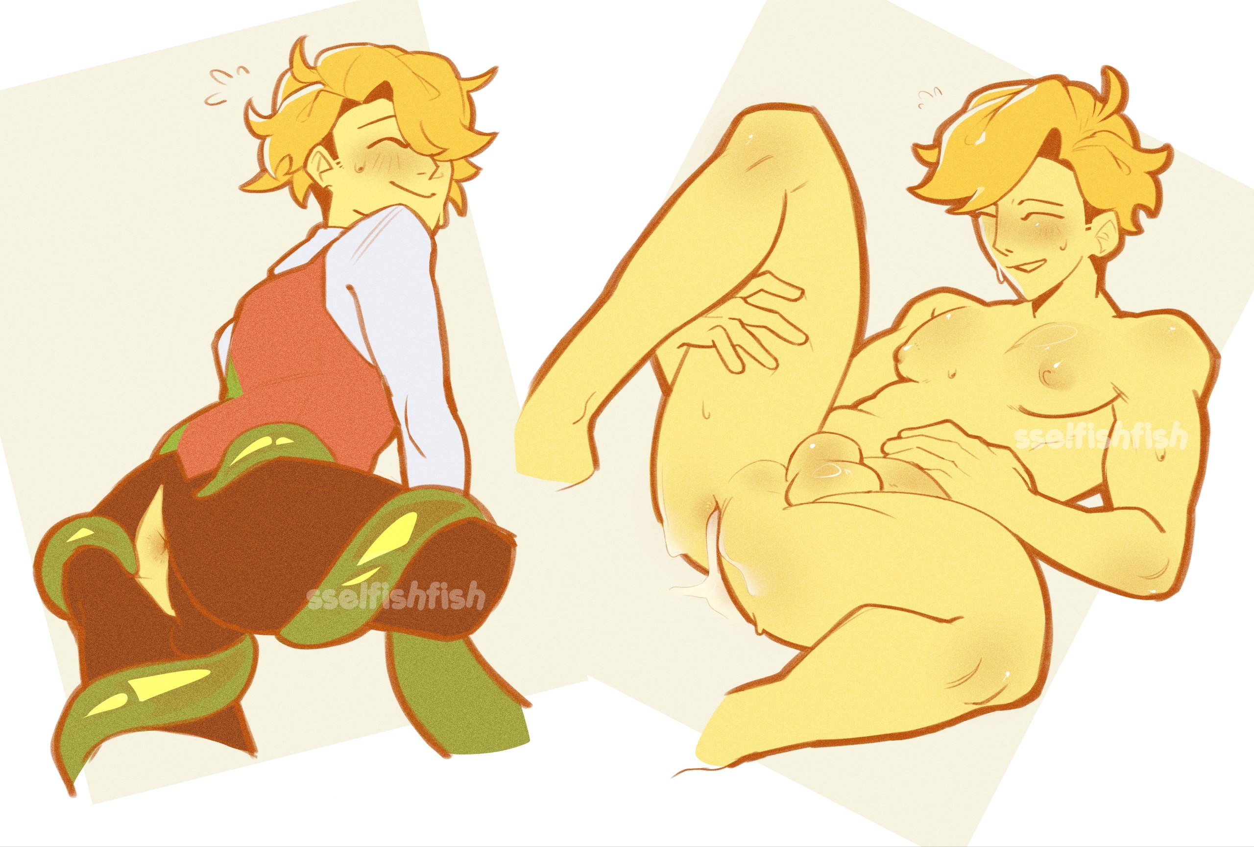 blond, clothed, clothed male, cum in ass, deltarune, deltarune chapter 5, digital media (artwork), dripping cum, flowery, flying sweatdrops, humanoid, humanoid male, male, male focus, male only, naked, naked male, nude, nude male, ripped pants, selfish fish, spread legs, sweating, tentacle sex, tentacles, tentacles around legs, tentacles on male, undertale (series)