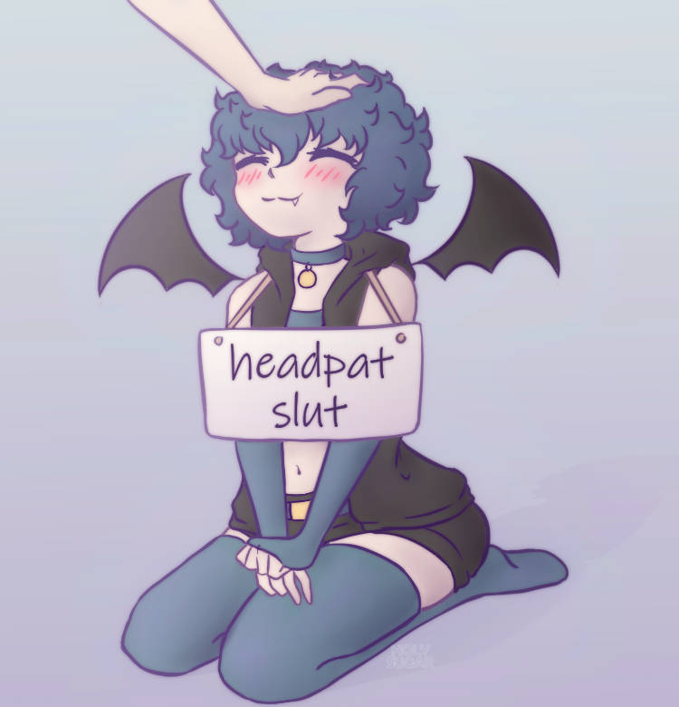 1boy, 1femboy, artist request, blue hair, blush, closed eyes, collar, femboy, hand on head, head grab, headpat, headpats, original, original character, thighhighs, vampire, vampire bat, wholesome, wings