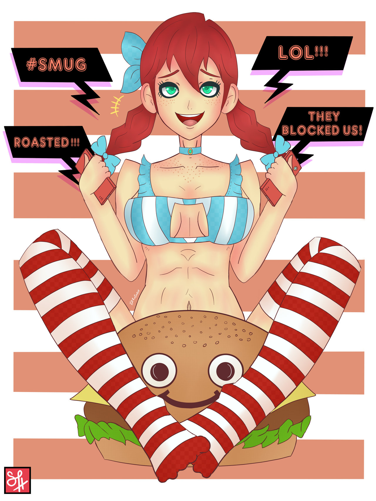1girls, burger, burgie, choker, cleavage, crossover, female, food, freckles, game grumps, green eyes, hashtag, holding, holding food, holding object, mascot, meme, navel, open smile, red hair, shirosagui, solo, striped bra, striped legwear, tied hair, twintails, wendy thomas, wendy's