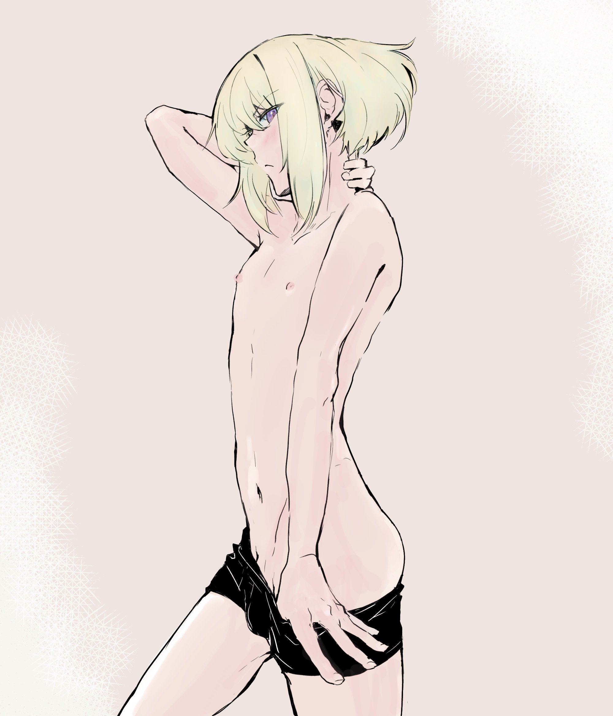 1boy, 1femboy, androgynous, ass, aus vaka, blonde hair, blush, blushing, bob cut, curvy, curvy male, embarrassed, femboy, femboy only, feminine faced male, feminine male, lio fotia, male, monochrome, nervous, nipples, petite, petite body, petite male, promare, removing clothing, removing underwear, short hair, short male, shy, slim, slim male, slim waist, small penis, solo, thin waist, twink, undressing