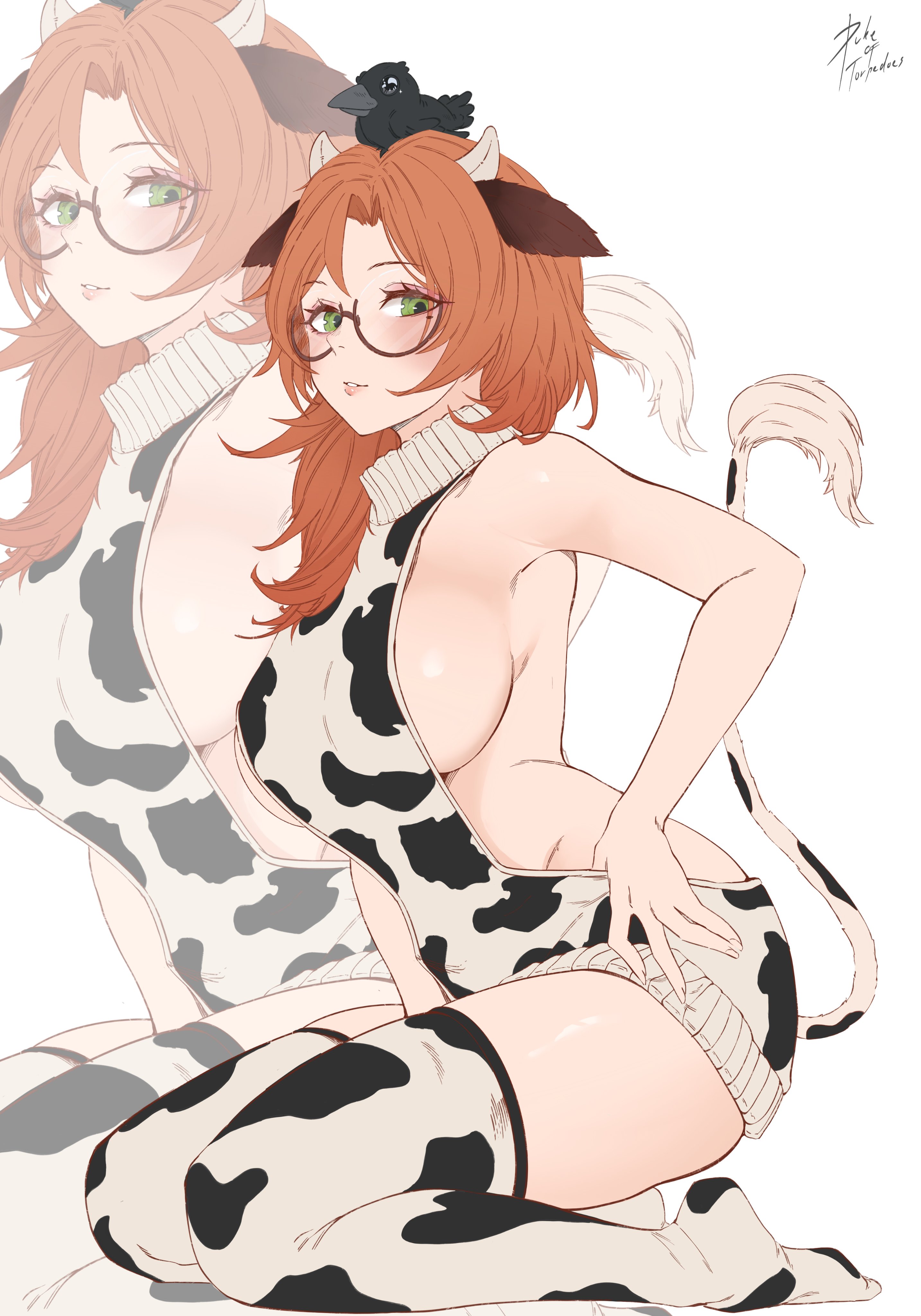 1girls, alicja da lontano, animal ears, animal on head, animal print, armpits, backless outfit, bare arms, bare shoulders, blush, breasts, brown hair, cow ears, cow girl, cow horns, cow print, cow tail, dress, dukeoftorpedoes, from side, full body, glasses, green eyes, horns, indie virtual youtuber, kneeling, large breasts, long hair, looking at viewer, meme attire, naked sweater, on head, orange hair, parted lips, print thighhighs, seiza, semi-rimless eyewear, sideboob, signature, simple background, sitting, sleeveless, solo, sweater, sweater dress, tail, thighhighs, turtleneck, turtleneck sweater, under-rim eyewear, virgin killer sweater, virtual youtuber, white background, zoom layer