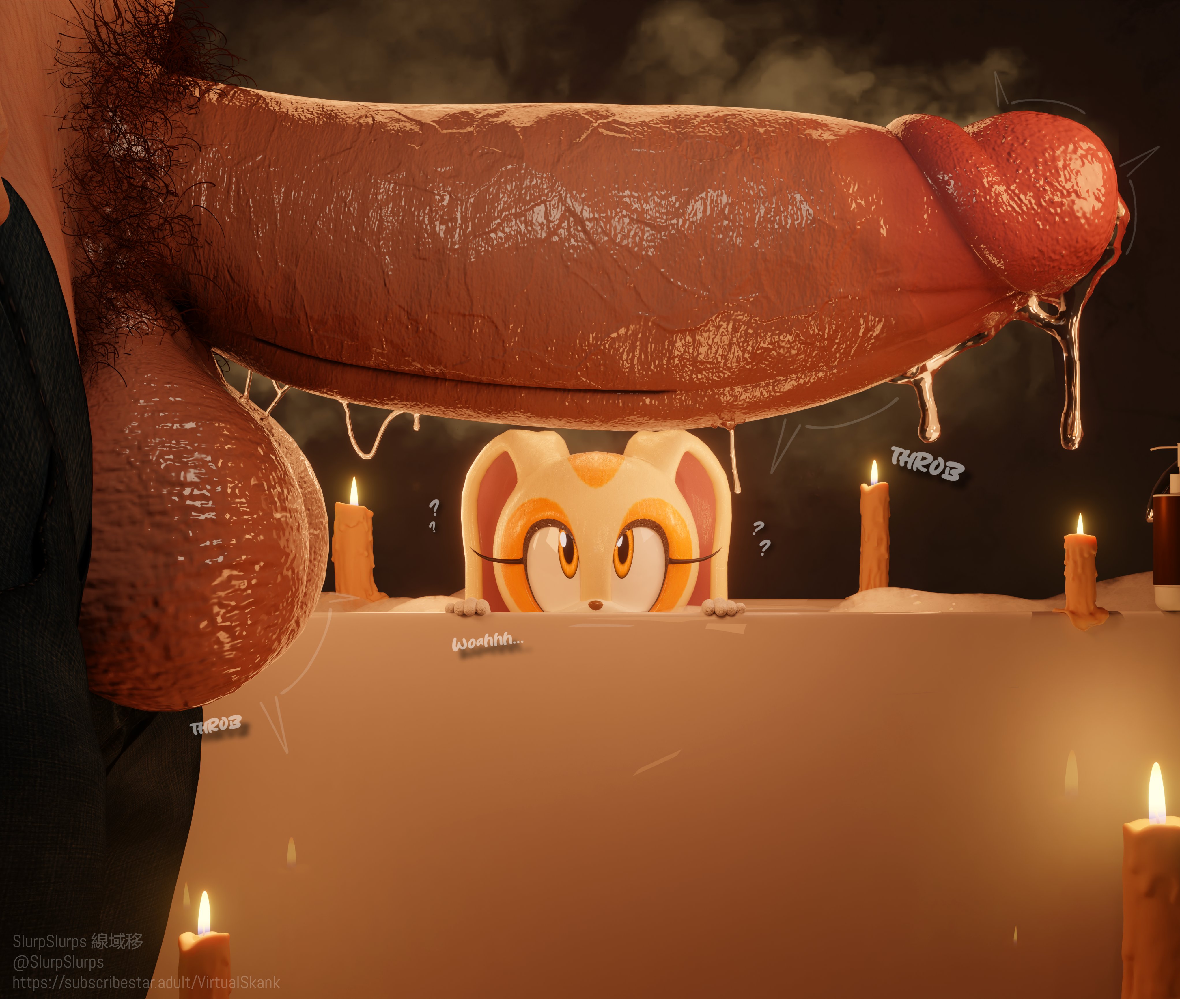 ?, 1boy, 1girl, aged up, bathing, big penis, candles, cream the rabbit, furry female, human, penis awe, slurpslurps, sonic (series), sonic the hedgehog (series), tagme, younger female