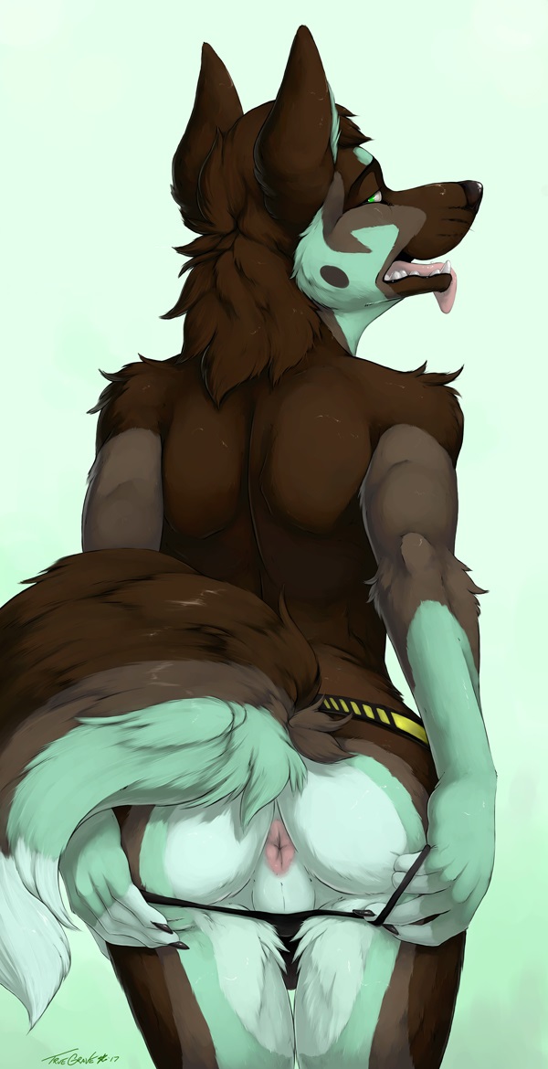 5_fingers anthro anus black_nose brown_fur canine claws clothing fur german_shepherd green_eyes green_fur looking_back male male_only mammal open_mouth panting perineum presenting raised_tail sharp_teeth sheppermint simple_background solo standing teeth truegrave9 underwear whimper