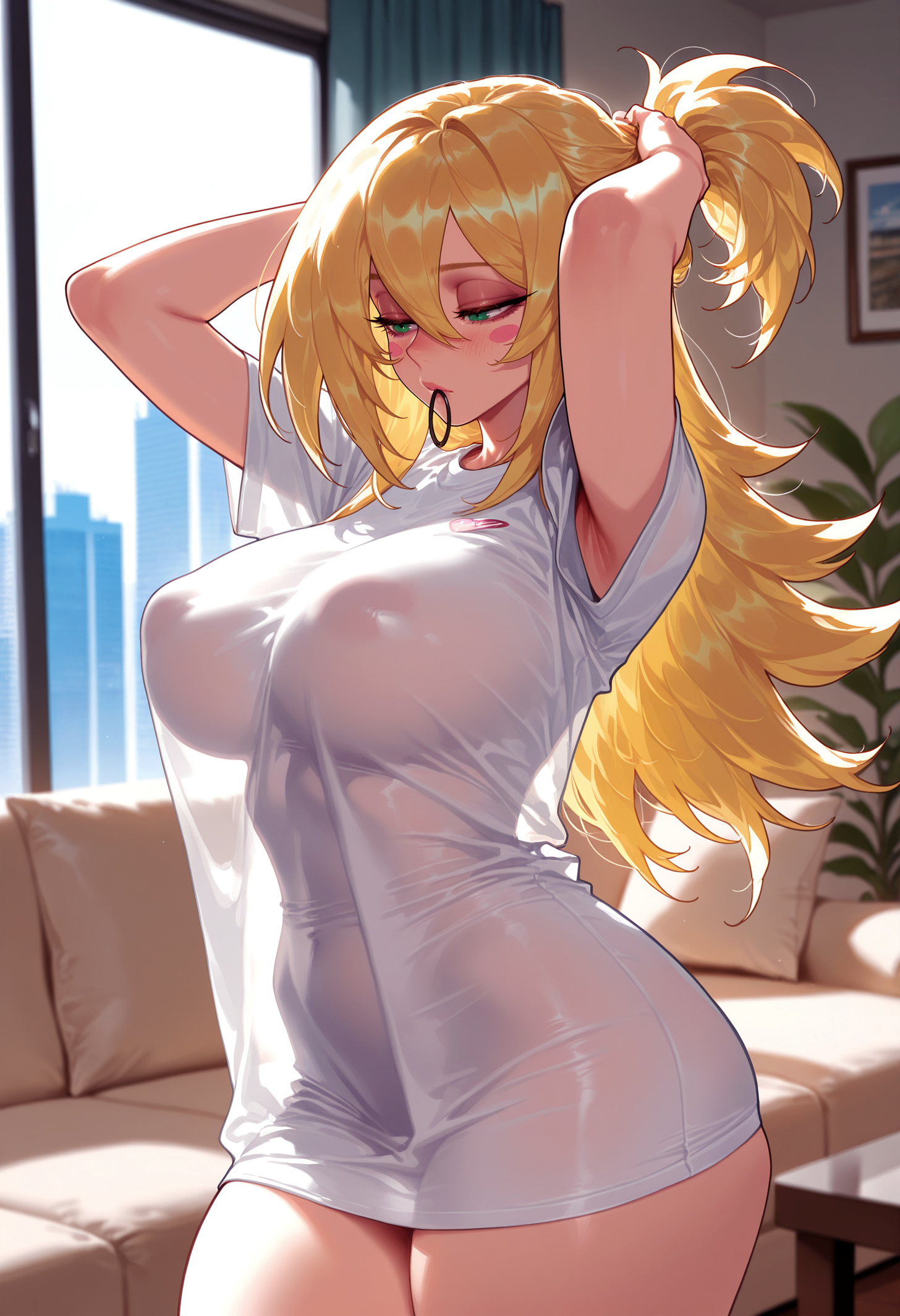1girl, 1girls, adjusting hair, ai generated, armpit peek, armpits, arms behind head, arms up, balecxi, blonde hair, blue eyes, blush, breasts, cityscape, clothing, couch, covered navel, covered nipples, cowboy shot, curtains, curvaceous, curvaceous female, curvaceous figure, curvy, curvy figure, dark magician girl, day, duel monster, female, female focus, hair between eyes, hair tie, hair tie in mouth, half-closed eyes, indoors, inviting, inviting to sex, large breasts, long hair, mouth hold, naked shirt, narrow waist, nipples, no bra, on couch, plant, ponytail, potted plant, presenting, presenting ass, presenting breasts, presenting hindquarters, presenting pussy, presenting self, seductive, seductive look, seductive smile, see-through, see-through shirt, see-through silhouette, shirt, short sleeves, solo, standing, t-shirt, table, taut clothes, taut shirt, thick thighs, thighs, tying hair, voluptuous, voluptuous female, white shirt, wide hips, window, yu-gi-oh!, yu-gi-oh! duel monsters, yugioh