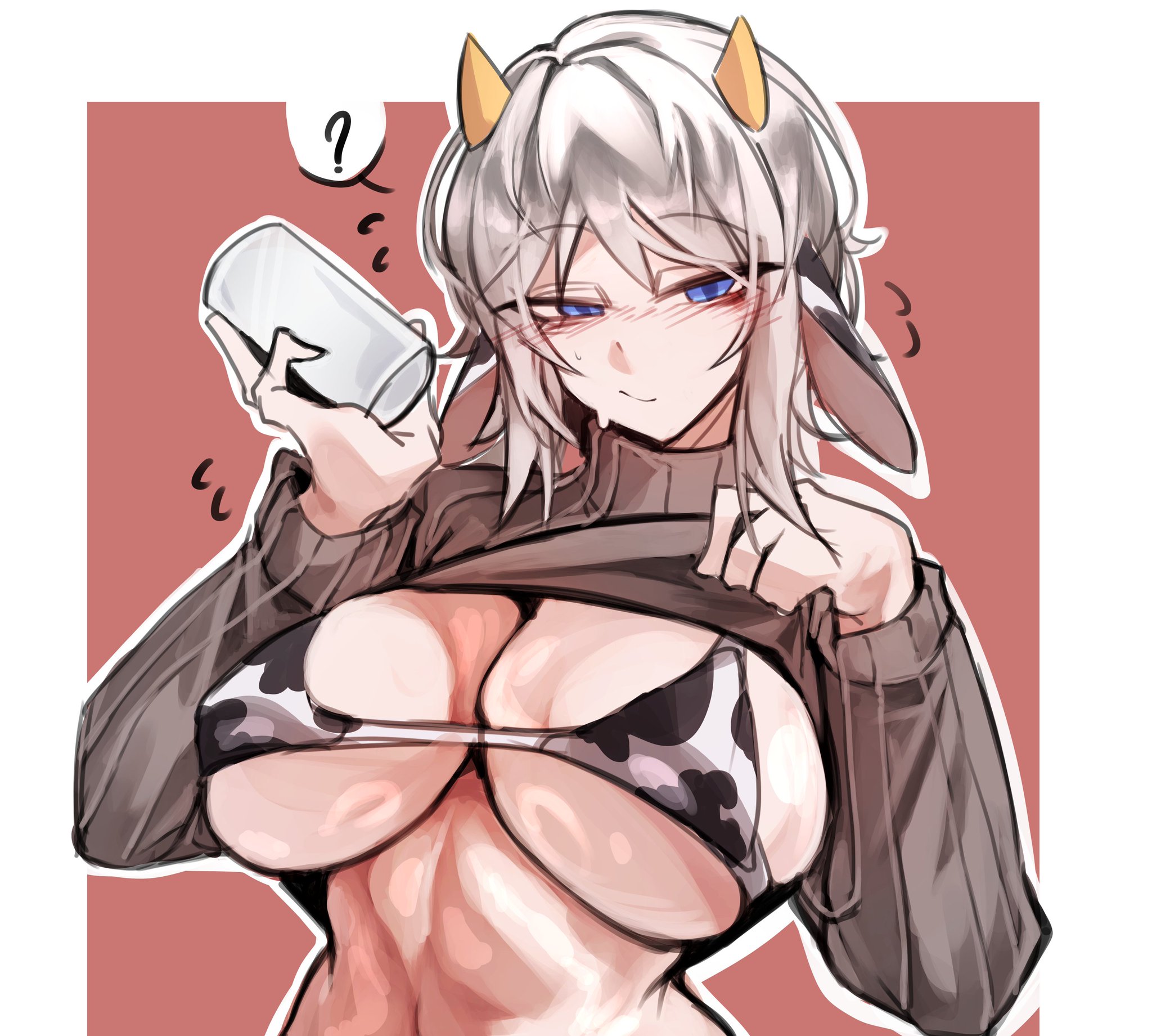 ?, 1girls, big breasts, bikini, blue eyes, blush, breasts, brown sweater, cow ears, cow horns, cow print, cow print bikini, faust (limbus company), female, female only, flying sweatdrops, holding glass, limbus company, looking at viewer, medium hair, pale skin, pale-skinned female, project moon, qdphatie, shirt, shirt lift, simple background, solo, spoken question mark, stomach, sweater, sweater lift, turtleneck, turtleneck sweater, upper body, white hair