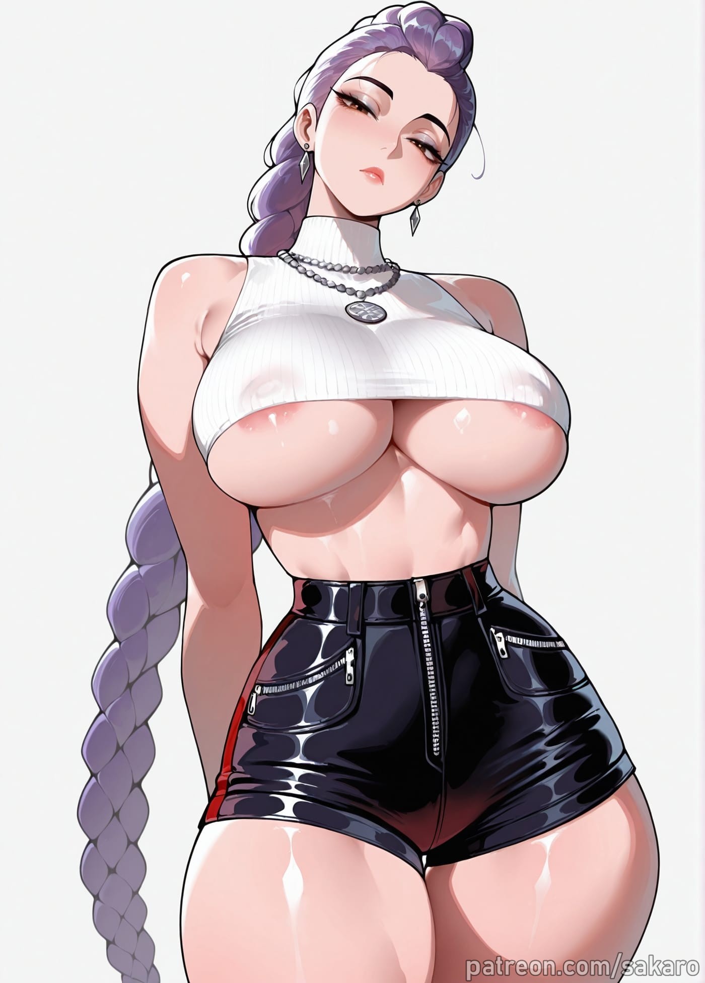 1girls, ai generated, areola slip, arms behind back, bare shoulders, black shorts, braid, braided ponytail, breasts, brown eyes, closed mouth, covered nipples, cowboy shot, crop top, curvy, earrings, head tilt, high-waist shorts, huge breasts, jewelry, kpop demon hunters, large breasts, lips, long braid, long hair, looking at viewer, mature female, mole, necklace, no bra, purple hair, rumi (kpop demon hunters), sakaro, shiny, shiny skin, shirt, short shorts, shorts, simple background, single braid, sleeveless, solo, thick thighs, thighs, underboob, very long hair, white background, zipper, zipper pull tab