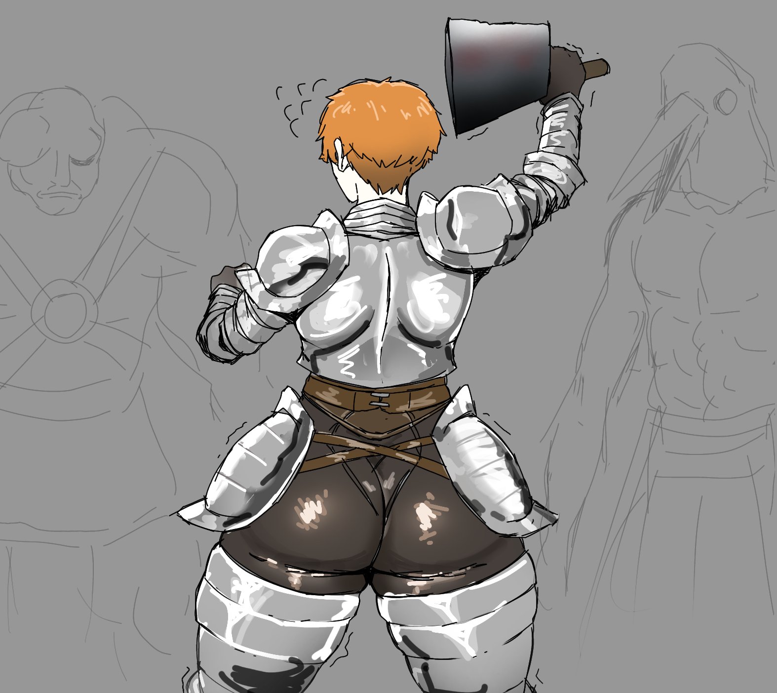 1girls, 2boys, armor, ass, ass focus, big ass, crow mauler, d'arce, fear and hunger, female, female focus, female knight, fully clothed, guard (fear and hunger), huge ass, knight, leggings, noyes670333, orange hair, short hair, solo focus, very short hair, wide hips