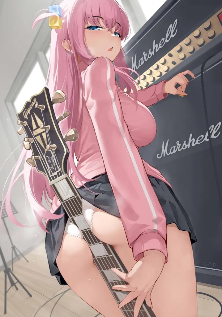 1girl, ass, between buttocks, bocchi the rock!, gotoh hitori, gotou hitori, guitar, long hair, looking back, object between ass, pink hair, solo