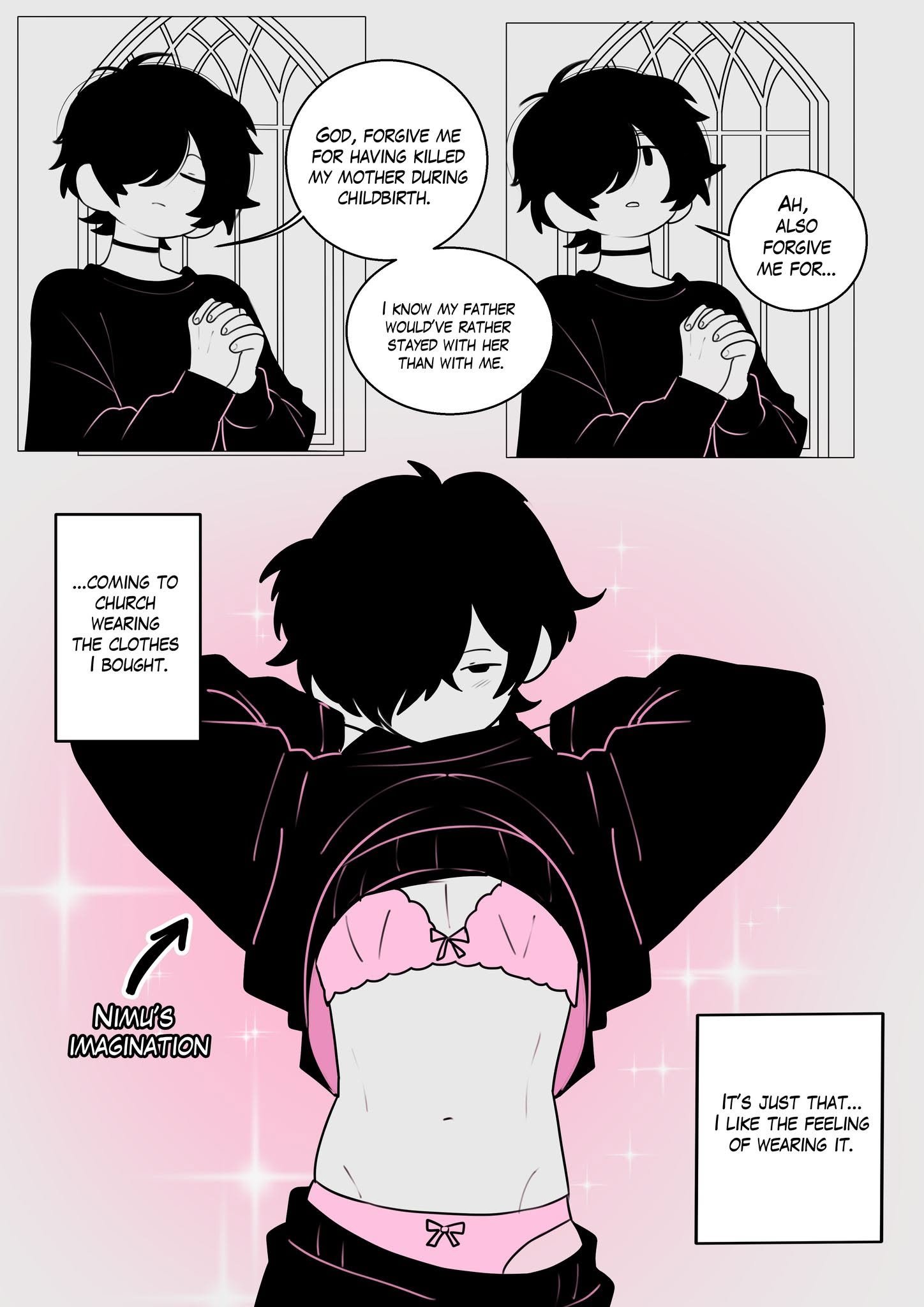blushing, choker, church, crossdressing, crossdressing male, emo, emo boy, eye covering bang, eyes closed, femboy, femboy focus, femboy only, feminine male, girly boy, gogo bubble, imagination, imagining, lingerie, lingerie under clothes, male in lingerie, male only, original character, pale skin, pink lingerie, pink panties, praying, revealing, revealing clothes, solo, solo focus, sparkles, twink