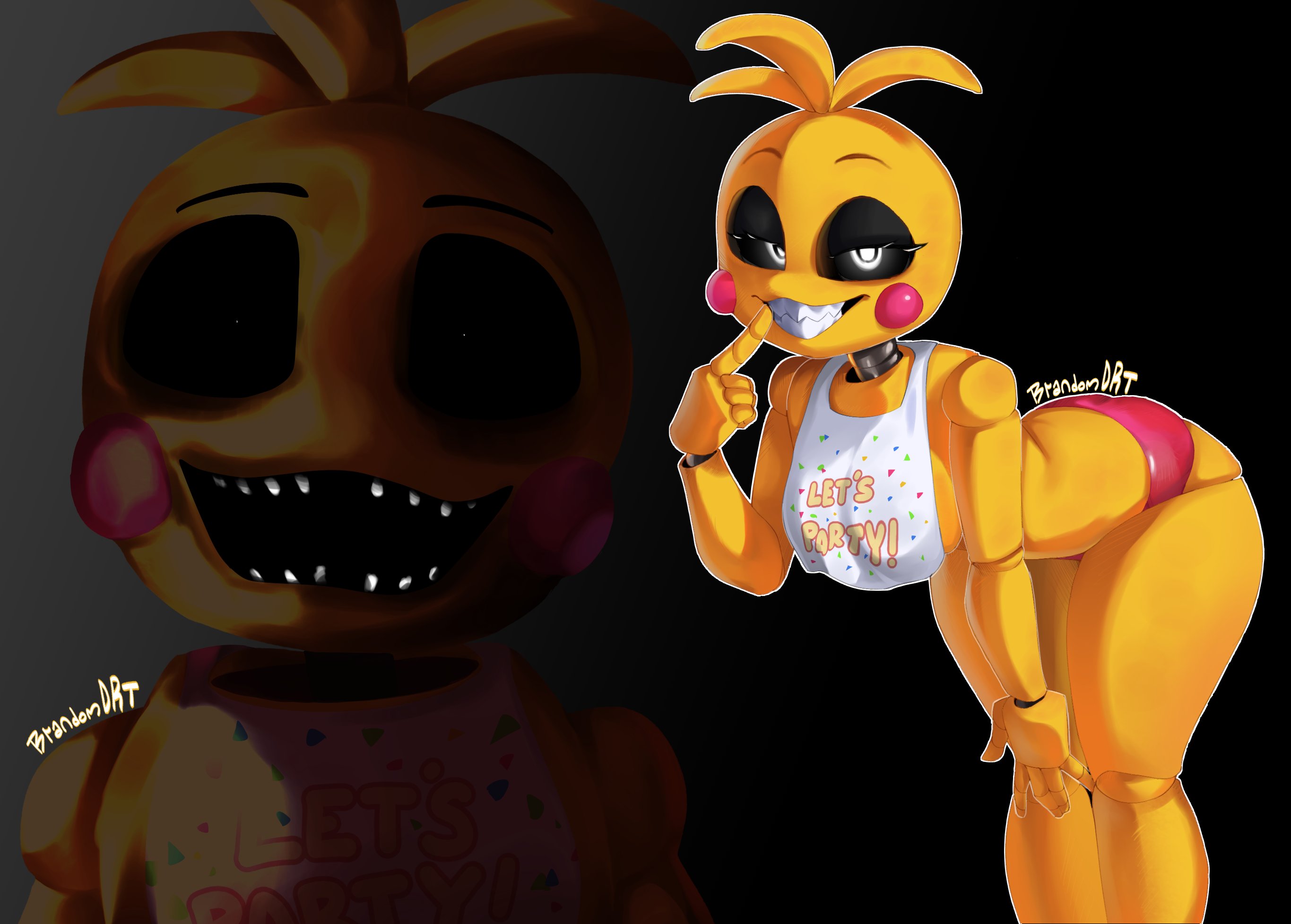 animatronic, anthro, beakless, bent over, bib, black sclera, breasts, butt, clothing, drt l0l, eyelashes, female, five nights at freddy's, five nights at freddy's 2, front view, head feathers, head tuft, hi res, looking at viewer, lovetaste chica, machine, panties, pink clothing, pink panties, pink underwear, robot, rosy cheeks, scottgames, sharp teeth, smile, solo, teeth, thick thighs, toy chica (fnaf), tuft, underwear, white eyes, wide hips, yellow body