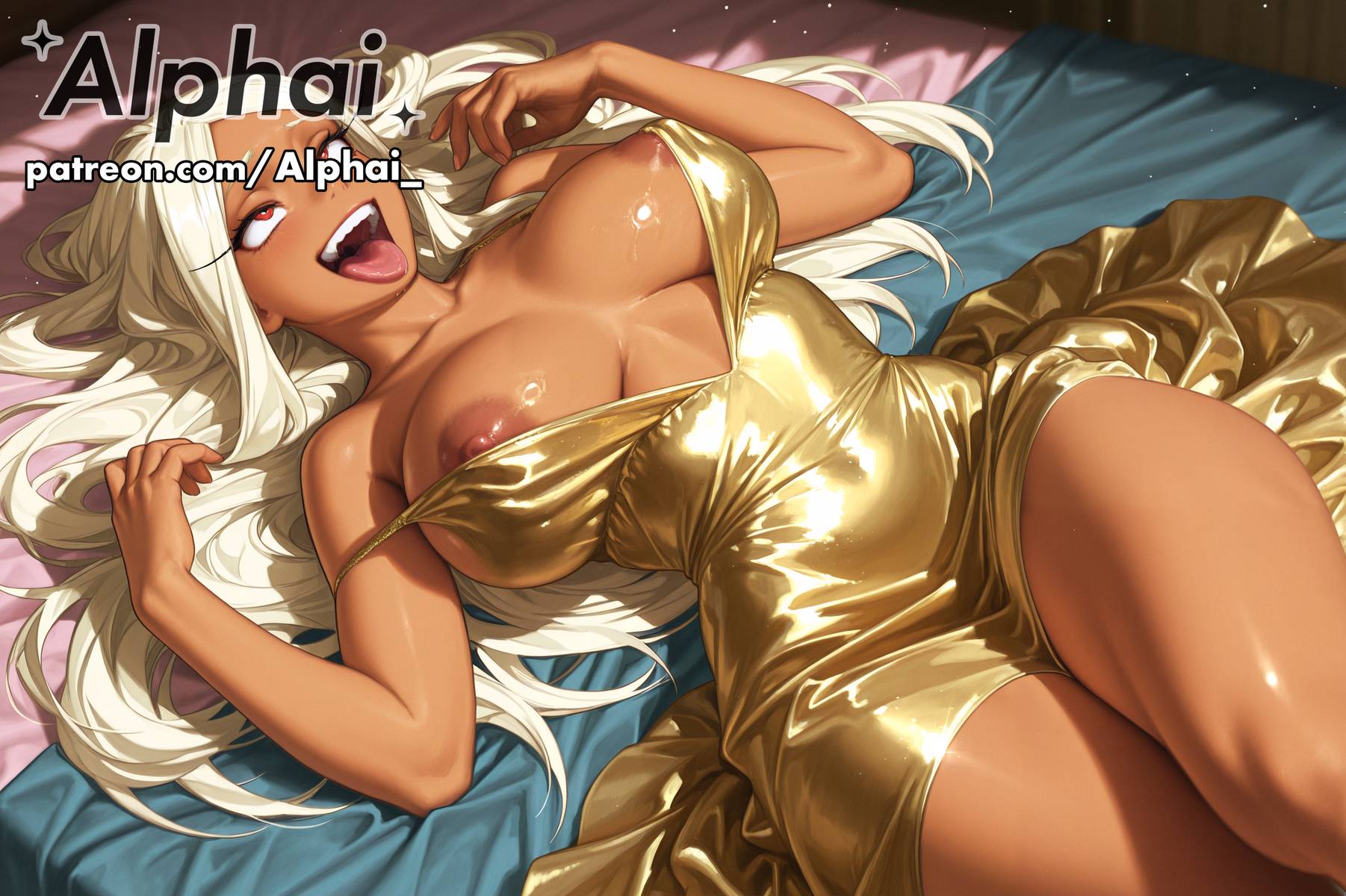 1girl, 2025, 2026, 4k, absurd res, absurdres, ahegao, ai, ai art, ai assisted, ai created, ai generated, ai-created, ai-generated, alphai, anime, bare shoulders, blushing, boku no hero academia, breasts, breasts apart, cinematic lighting, close-up, clothed, clothing, color, colorful background, curvy, dark skin, dark skinned female, depth of field, detailed hair, detailed skin, detailled background, dramatic shadows, dress, eyelashes, eyeliner, female face, female focus, female only, from above, golden dress, high quality, high resolution, highres, large breasts, laying down, legs, long hair, miruko, my hero academia, naughty face, nipples slip, on back, open mouth, particles, patreon, patreon link, patreon url, patreon username, plump, raised eyebrows, red eyes, rumi usagiyama, seductive eyes, solo, thick legs, thick thighs, thigh gap, thighs, throat, uvula, volumetric lighting, watermark, white hair, zettai ryouiki