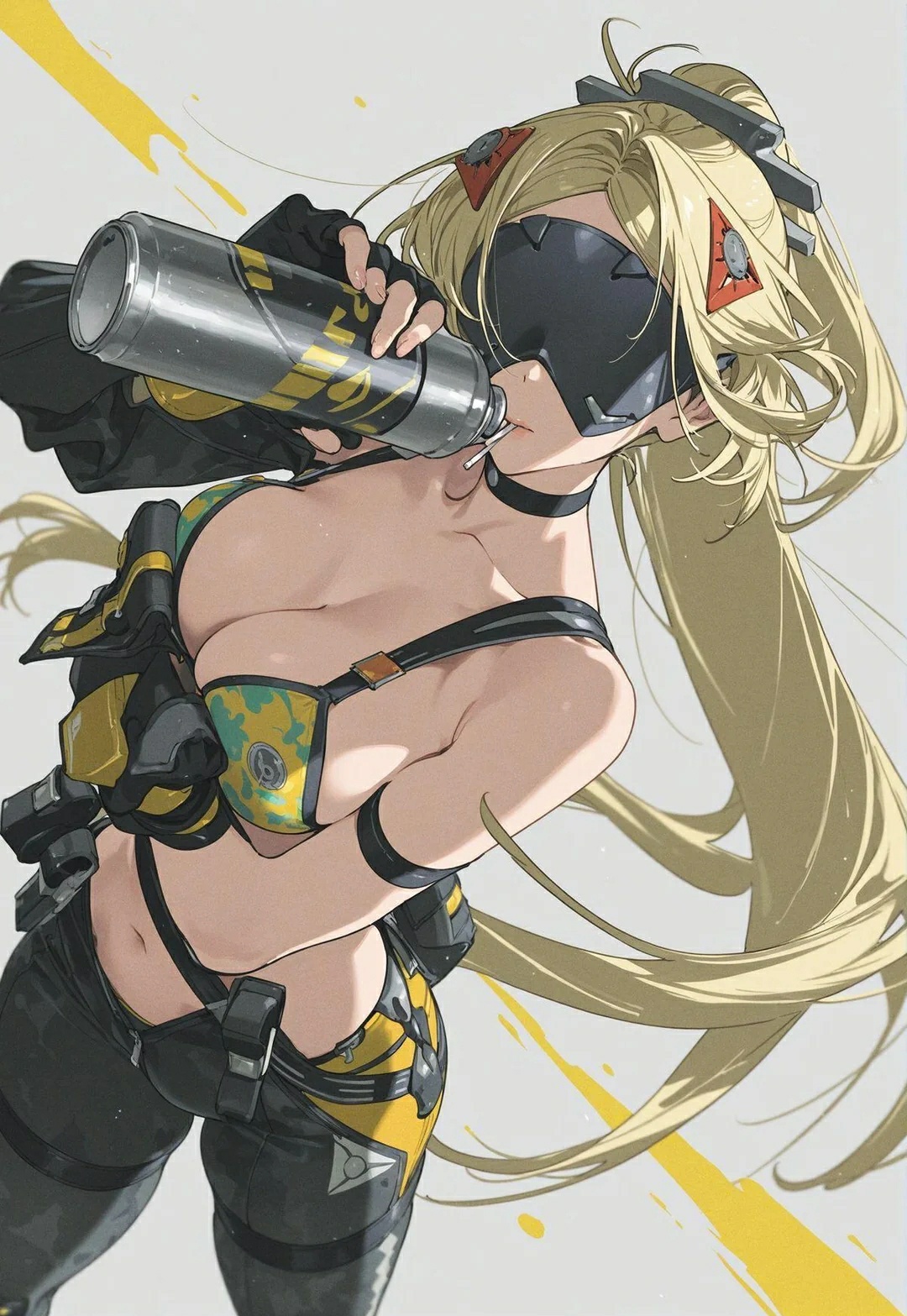 1girl, ai generated, drinking, long hair, solo, solo female, trigger (zenless zone zero), undressing, visor, zenless zone zero