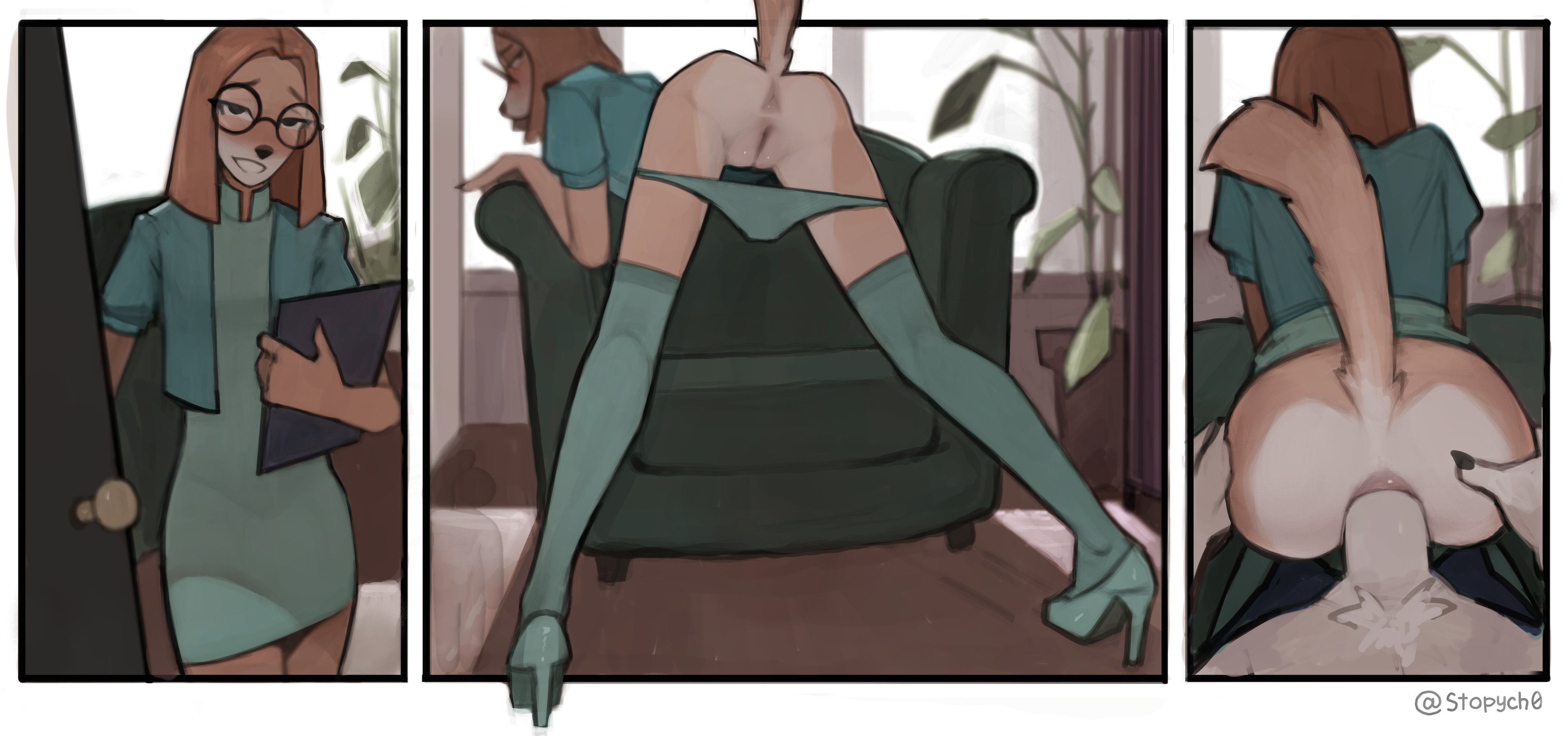 3 panel comic, anal, anal penetration, anal sex, anthro, brown hair, canine, chair, comic, domestic dog, dress, fur, furry, glasses, high heels, legwear, pov, round glasses, saluki, sing (movie), sing 2 (movie), stopych, suki lane, tail
