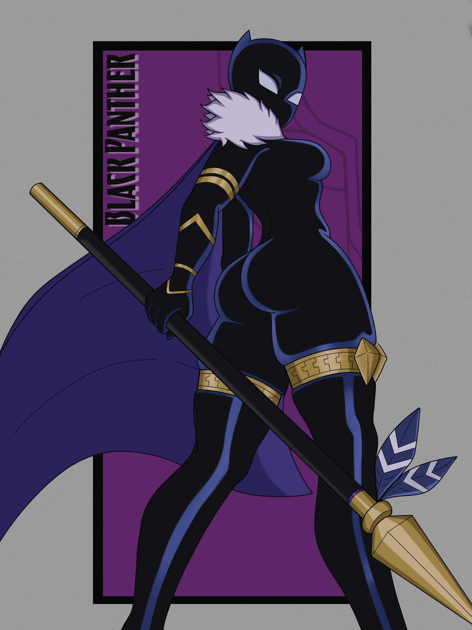 1girl, 2026, artist request, ass, black bodysuit, black panther (marvel), black panther (series), black panther (shuri), bodysuit, booty, breasts, butt, cape, character name, clawed gloves, fur trim, fur-trimmed cape, gold thighlet, highres, holding, holding polearm, holding spear, holding weapon, huge ass, jewelry, marvel, marvel comics, marvel tokon: fighting souls, mask, polearm, purple cape, shuri (marvel tokon), shuri (marvel), solo, spear, superhero costume, thick thighs, thighlet, thighs, weapon, wide hips