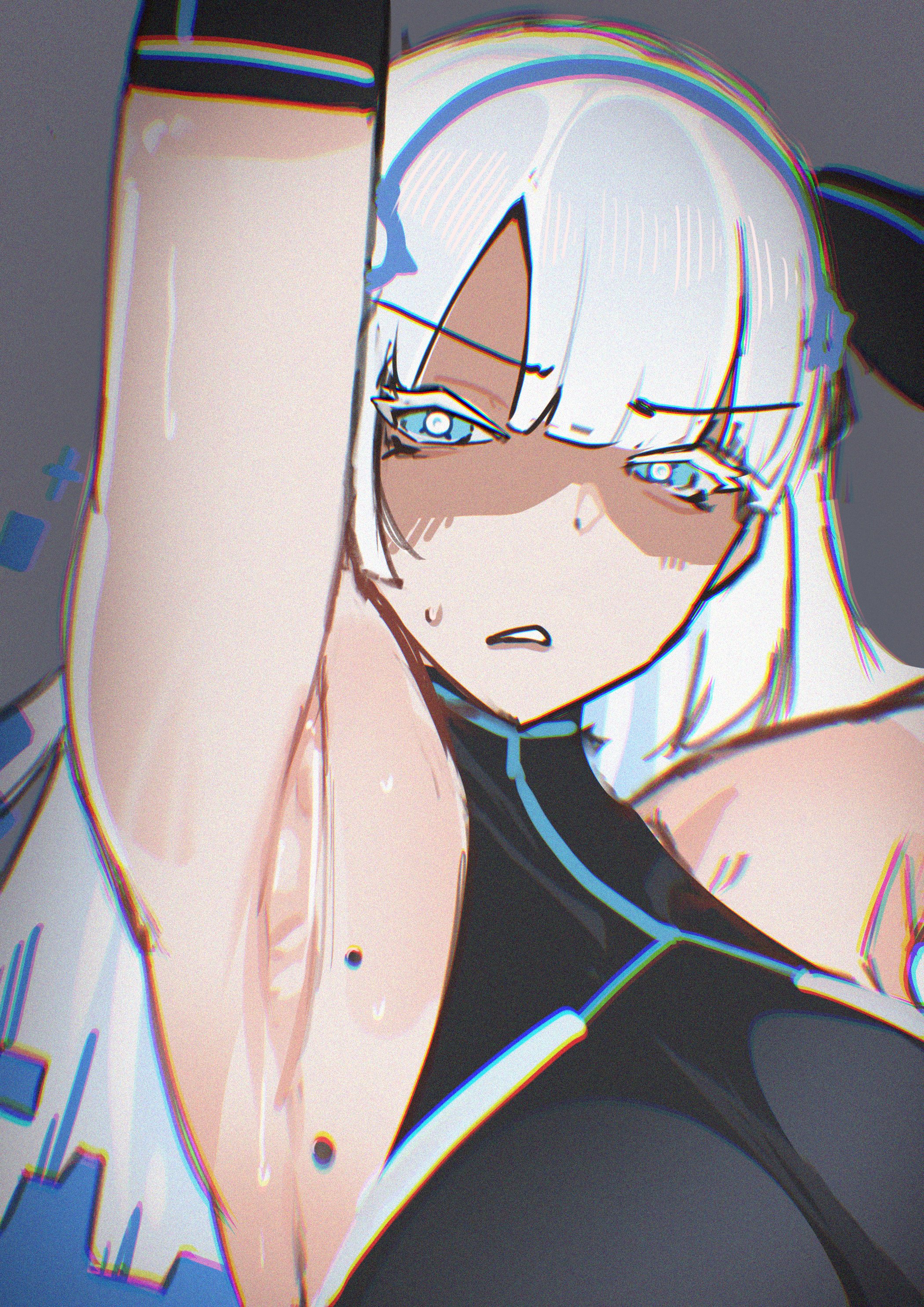 1girls, arm up, armpit, armpit crease, armpit fetish, bangs, big breasts, blue eyes, fairy (zenless zone zero), female, female only, hoyoverse, mihoyo, mole, mole under armpits, pale skin, pale-skinned female, tagme, weebchair, white hair, zenless zone zero