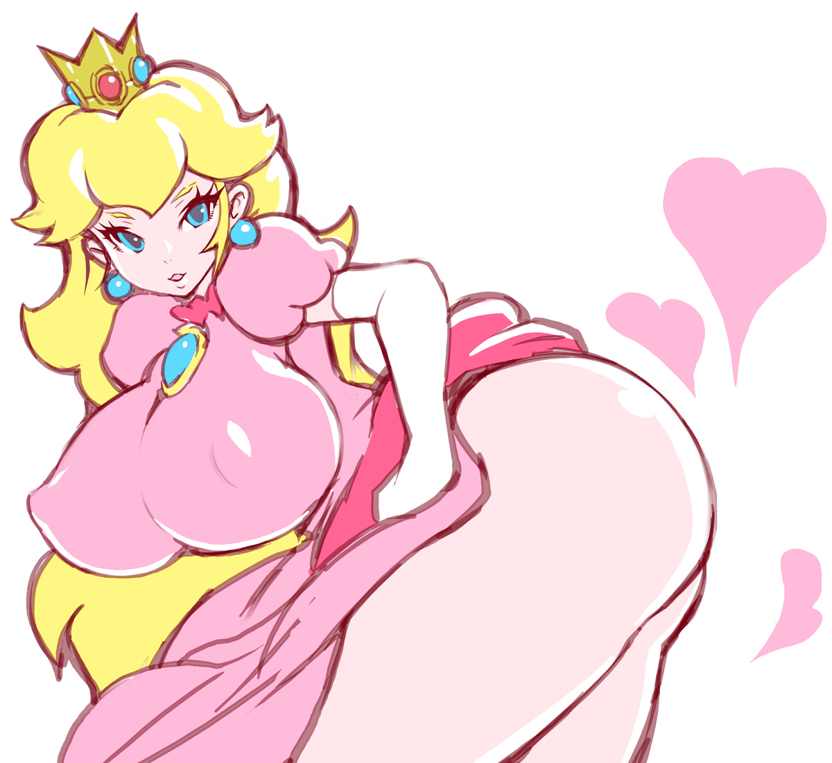 1girls, ass, big ass, big breasts, big butt, blonde hair, blue eyes, breasts, crown, dress, dress lift, elbow gloves, female, gloves, huge breasts, mario (series), nintendo, noise (artist), presenting, princess peach, solo, thick thighs
