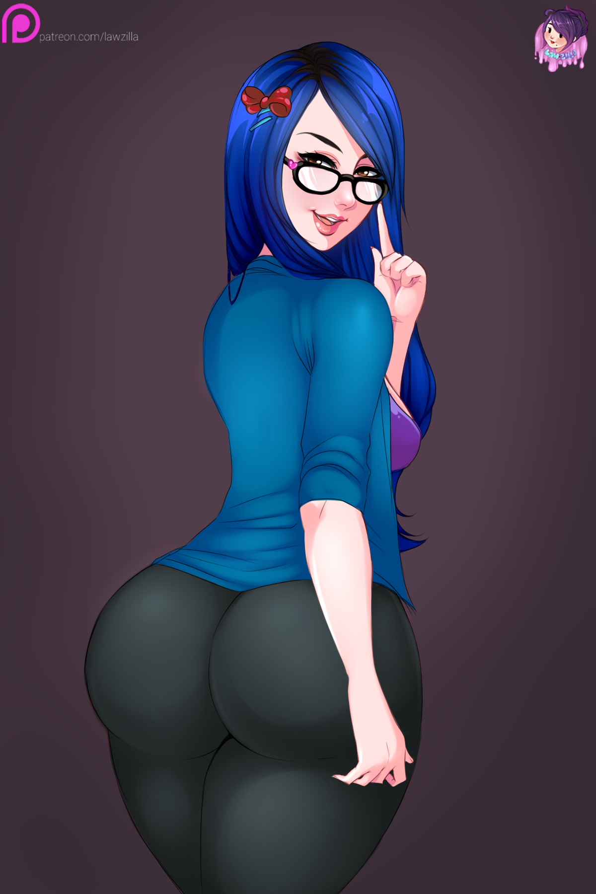 1girls, artist name, ass, blue eyes, blue hair, breasts, brown eyes, celebrity, covered breasts, eyewear, female, female only, glasses, hair ornament, hips, hirezkelly, human, kelly link, law-zilla, leggings, legs, long hair, pants, patreon, sideboob, smite, solo, standing, tagme, thighs, tight, tight pants, twitch.tv, watermark, web address