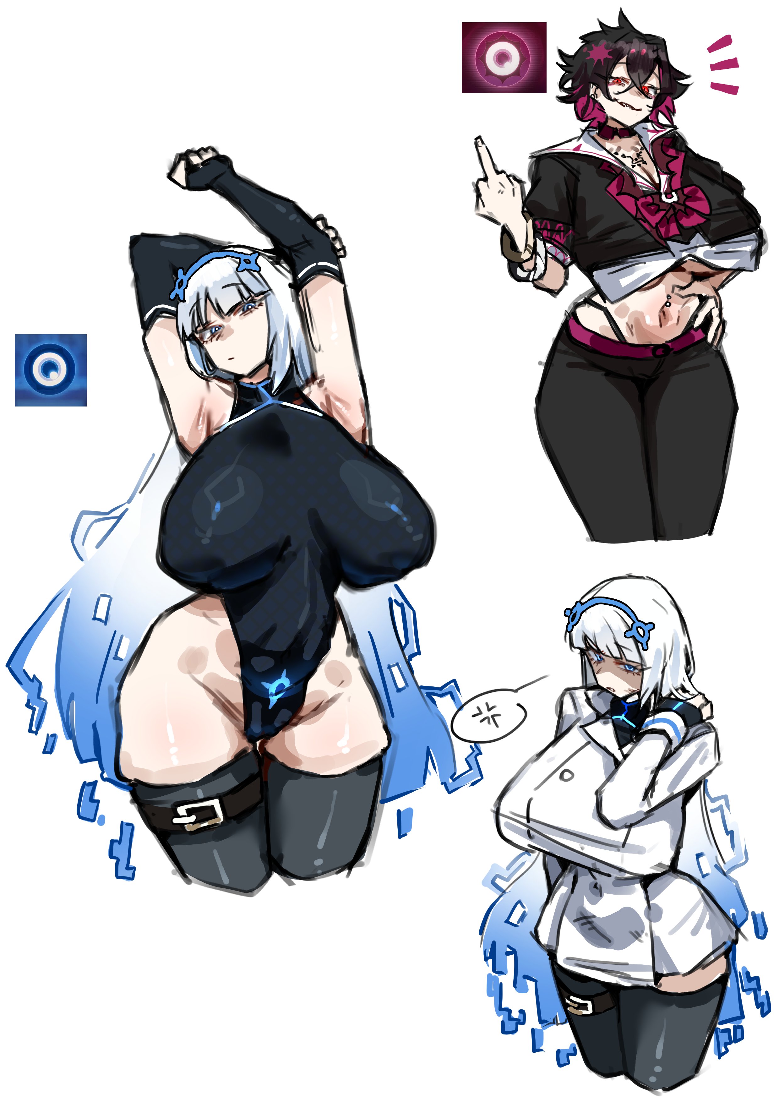 2girls, black hair, blue eyes, cat nip, fairy (zenless zone zero), female, female only, gradient hair, huge breasts, leotard, long hair, massive breasts, middle finger, red eyes, spoken anger vein, thick thighs, thighhighs, white hair, wide hips, zenless zone zero