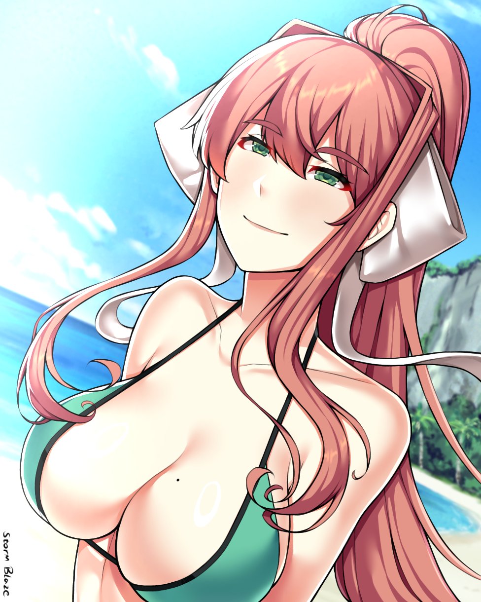 1girls, beach, big breasts, bikini, busty, cleavage, doki doki literature club, female, female only, large breasts, looking at viewer, monika (doki doki literature club), ocean, ponytail, smile, stormblaze76, swimsuit, swimwear, water