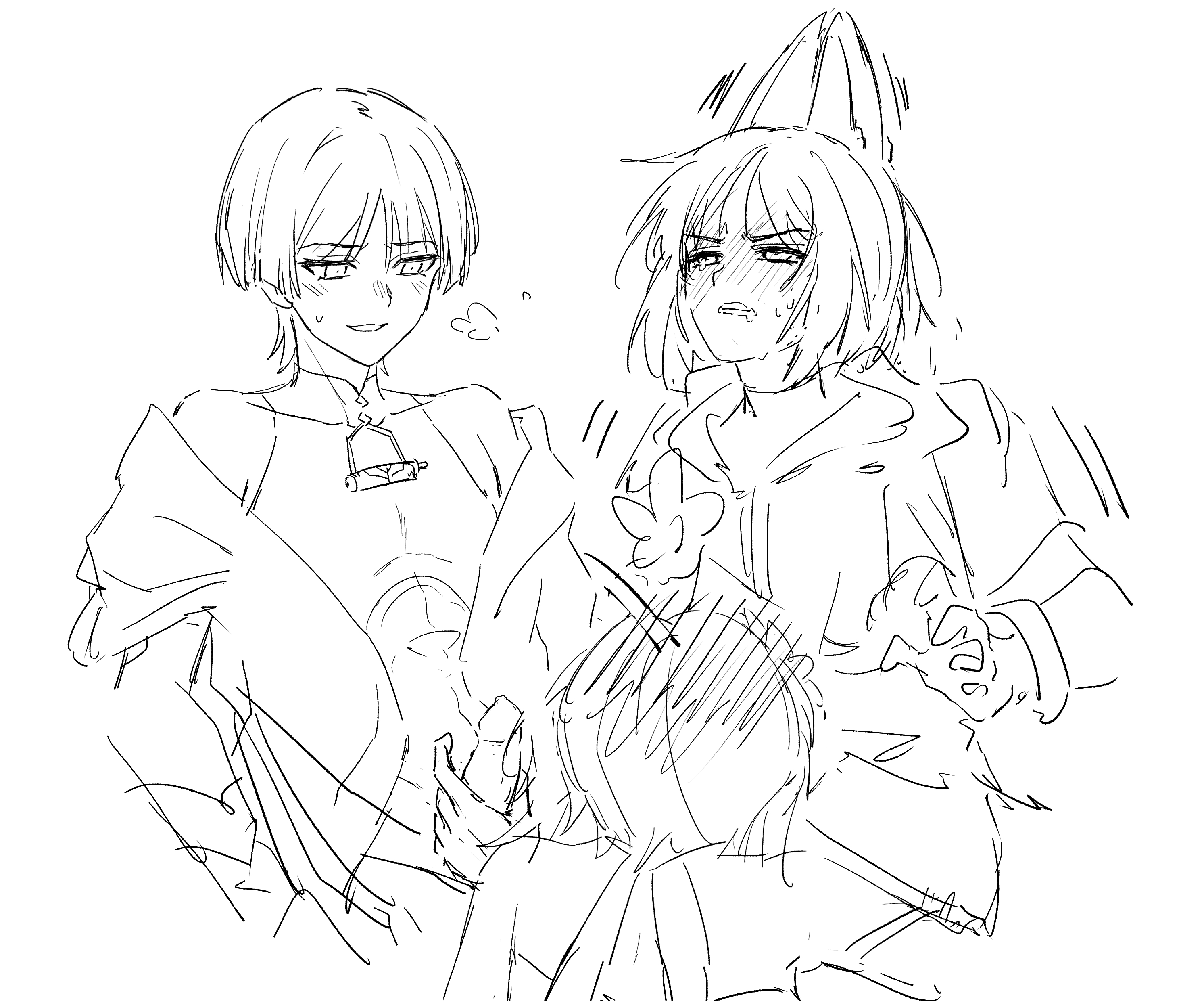 1girls, 2boys, blowjob in the pose, blush, blush lines, erect penis, erection, female, fox boy, fox ears, genshin impact, handjob, holding penis, lumine (genshin impact), male, male/female, oral, penis, pleasure face, scaramouche (genshin impact), threesome, tighnari (genshin impact)