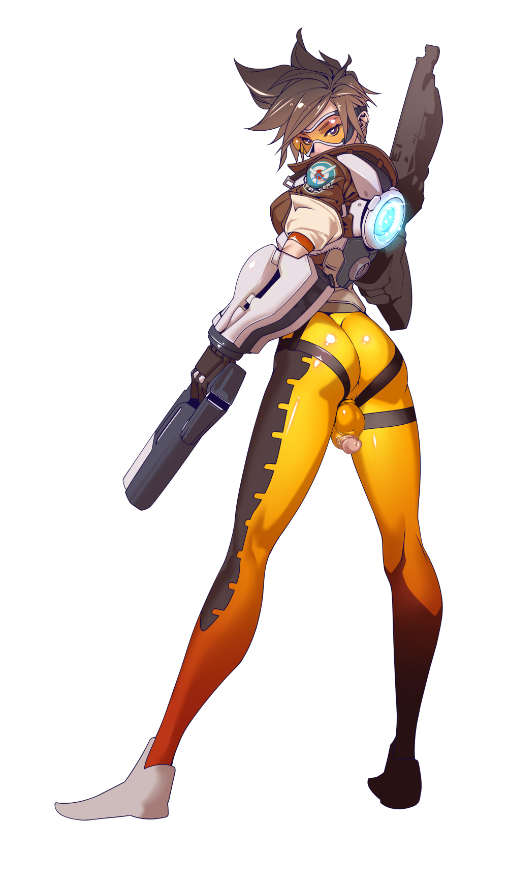 1futa, arrow, ass, balls, brown hair, full-package futa, futa only, futanari, gun, handgun, highres, intersex, looking at viewer, looking back, overwatch, pants, penis, pistol, short hair, solo, testicles, tight pants, tomoyuki kotani, tracer, uncensored, weapon