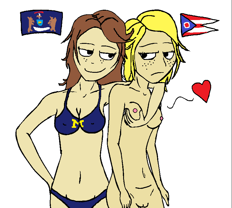 2girls arm_around_shoulders bikini blonde bra breasts brown_hair countrylove female female_focus female_only hand_on_breast meme michigan multiple_girls national_personification nude nude_female ohio panties smile smug smug_face unamused united_states united_states_of_america university_of_michigan white_background