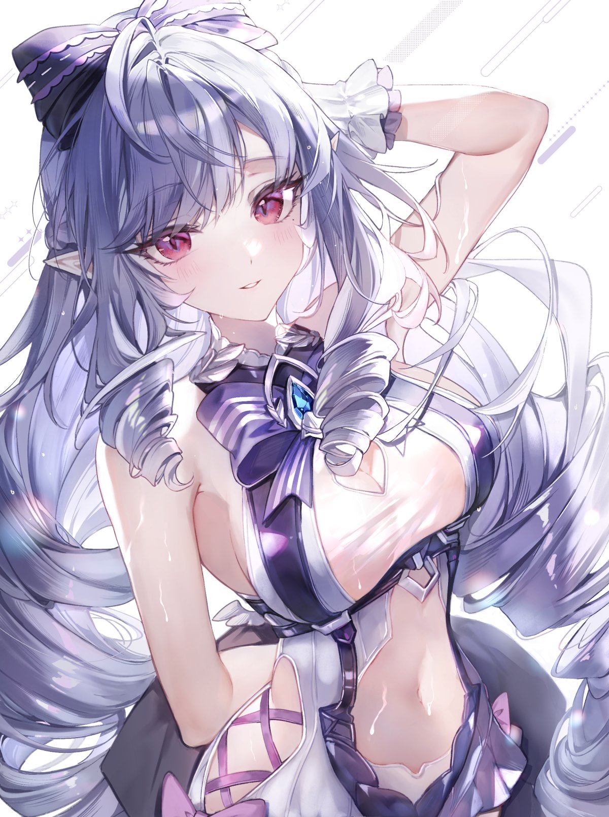 1girls, breasts, cameltoe, colored nails, drill hair, exposed breasts, feet, female, female only, high heels, hoyoverse, long hair, long nails, mihoyo, official alternate costume, painted nails, painted toenails, purple hair, purple nails, red eyes, swimsuit, vivian banshee, vivian banshee (iris of the shore), white swimsuit, zenless zone zero