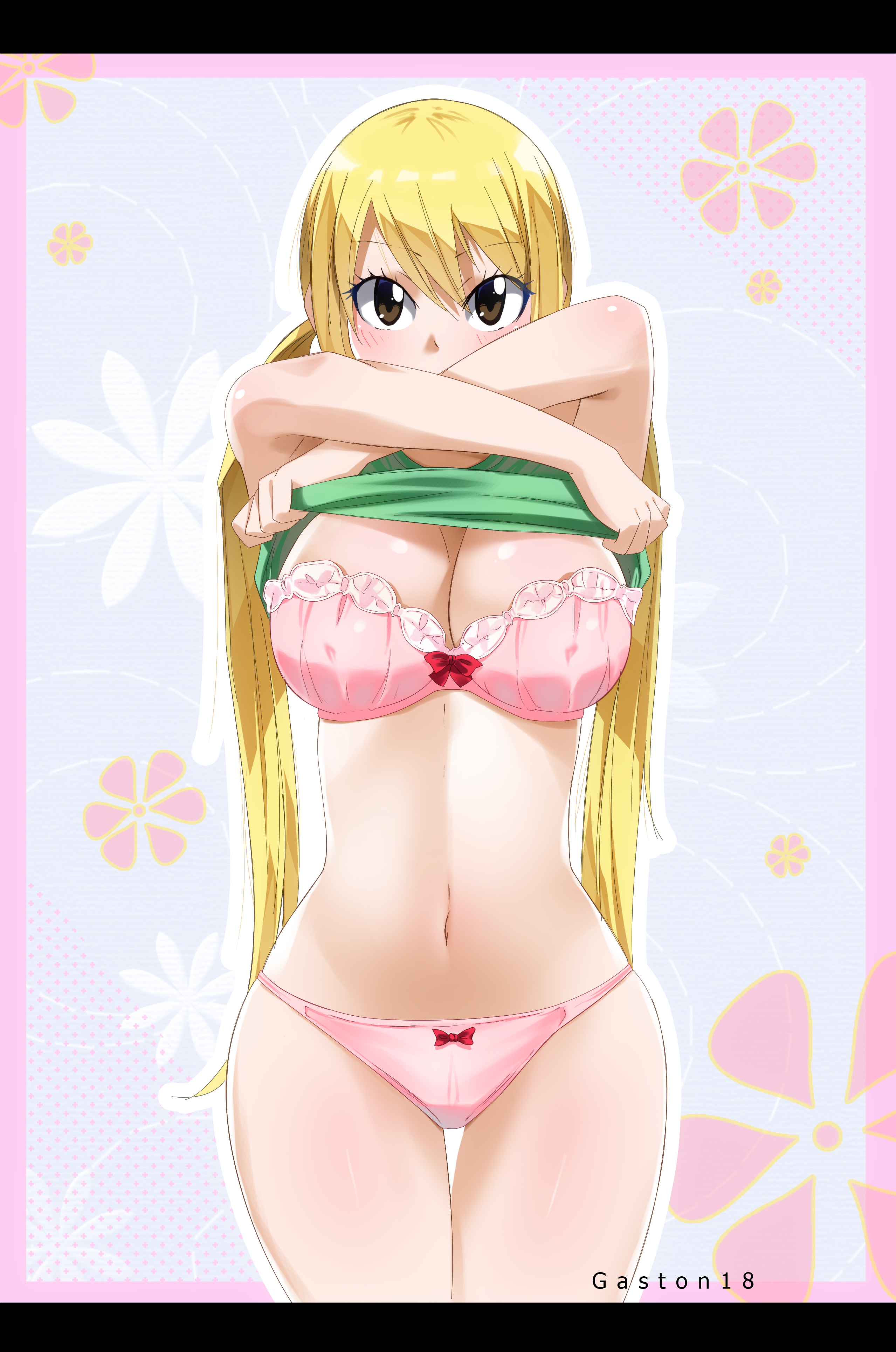 1girls, 2017, big breasts, blonde hair, blonde-haired female, blush, bra, breasts, brown eyes, clothes, fairy tail, female, female only, gaston18, hair, hands, hips, huge breasts, human, large breasts, linea alba, long hair, looking at viewer, lucy heartfilia, nose, panties, pink bra, pink panties, shiny, shiny skin, shirt lift, shounen jump, solo, standing, very long hair