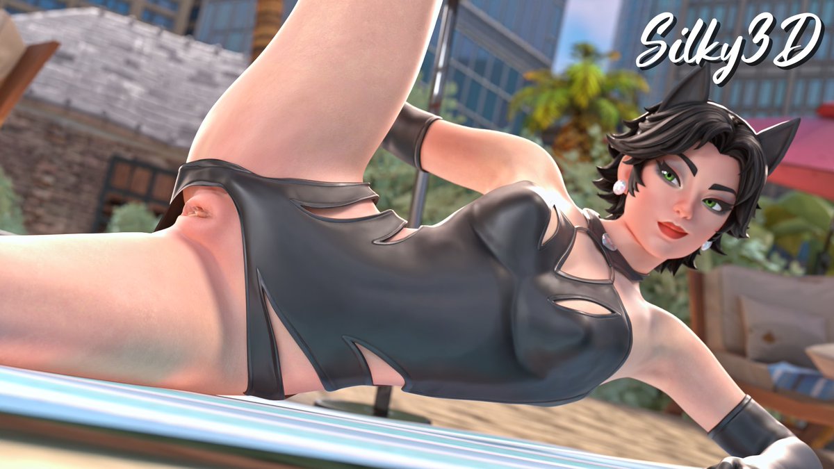 1girls, 2026, 3d, 3d model, artist name, batman (series), black hair, cat ears, catwoman, catwoman (coastal catwoman), catwoman (fortnite), dc, dc comics, epic games, female, female focus, female only, fortnite, fortnite (dc comics), fortnite: battle royale, green eyes, leg up, light skin, light-skinned female, lying on side, on side, one-piece swimsuit, one-piece swimsuit aside, pussy, showing pussy, silky3d, summer, vagina, video game character, video games, watermark