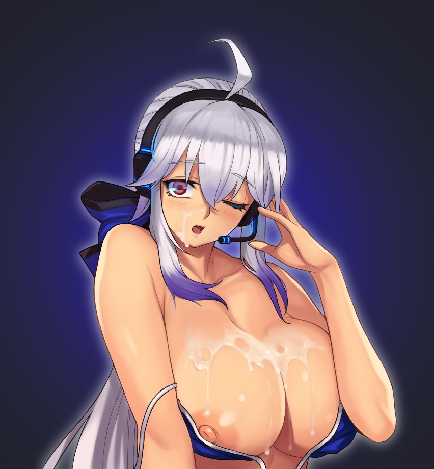 ahoge bajima_shouhei bare_shoulders bikini bikini_top blue_bikini bow breasts cleavage cum cum_on_body cum_on_upper_body facial female hairbow headset kiki_(uxoia) large_breasts long_hair nipples one_eye_closed silver_hair solo swimsuit unknown_showhey vocaloid yowane_haku