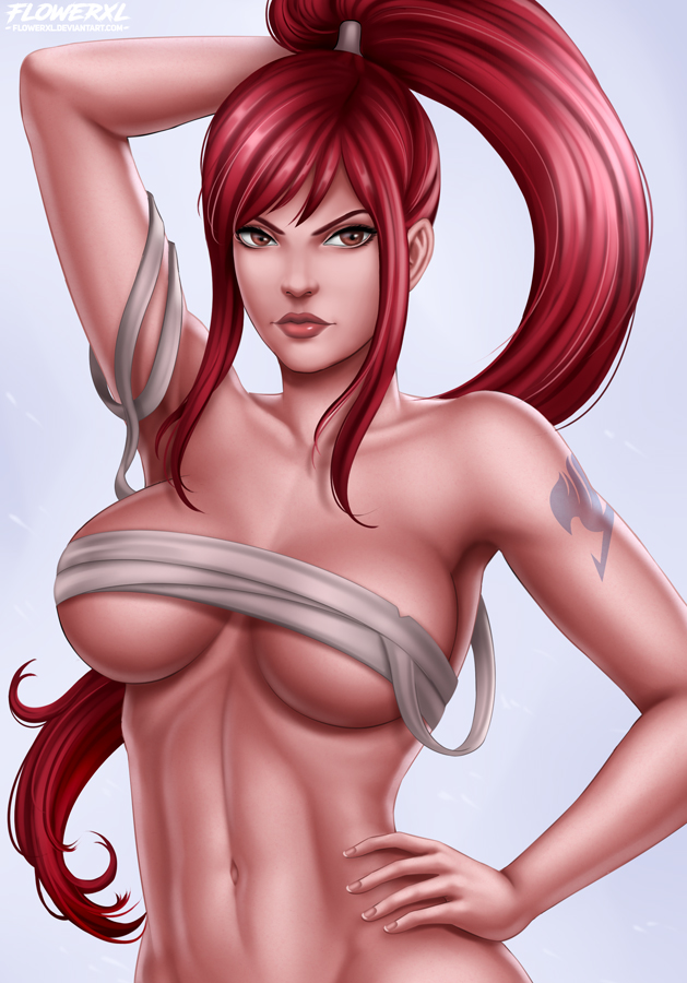 1girls, arm tattoo, artist name, bandages, bare shoulders, belly, blue tattoo, breasts, cleavage, covered breasts, erza scarlet, fairy tail, fairy tail mark, female, female only, flowerxl, human, large breasts, long hair, navel, ponytail, red hair, red-haired female, solo, tagme, tattoo, tied hair, upper body, very long hair, watermark, web address
