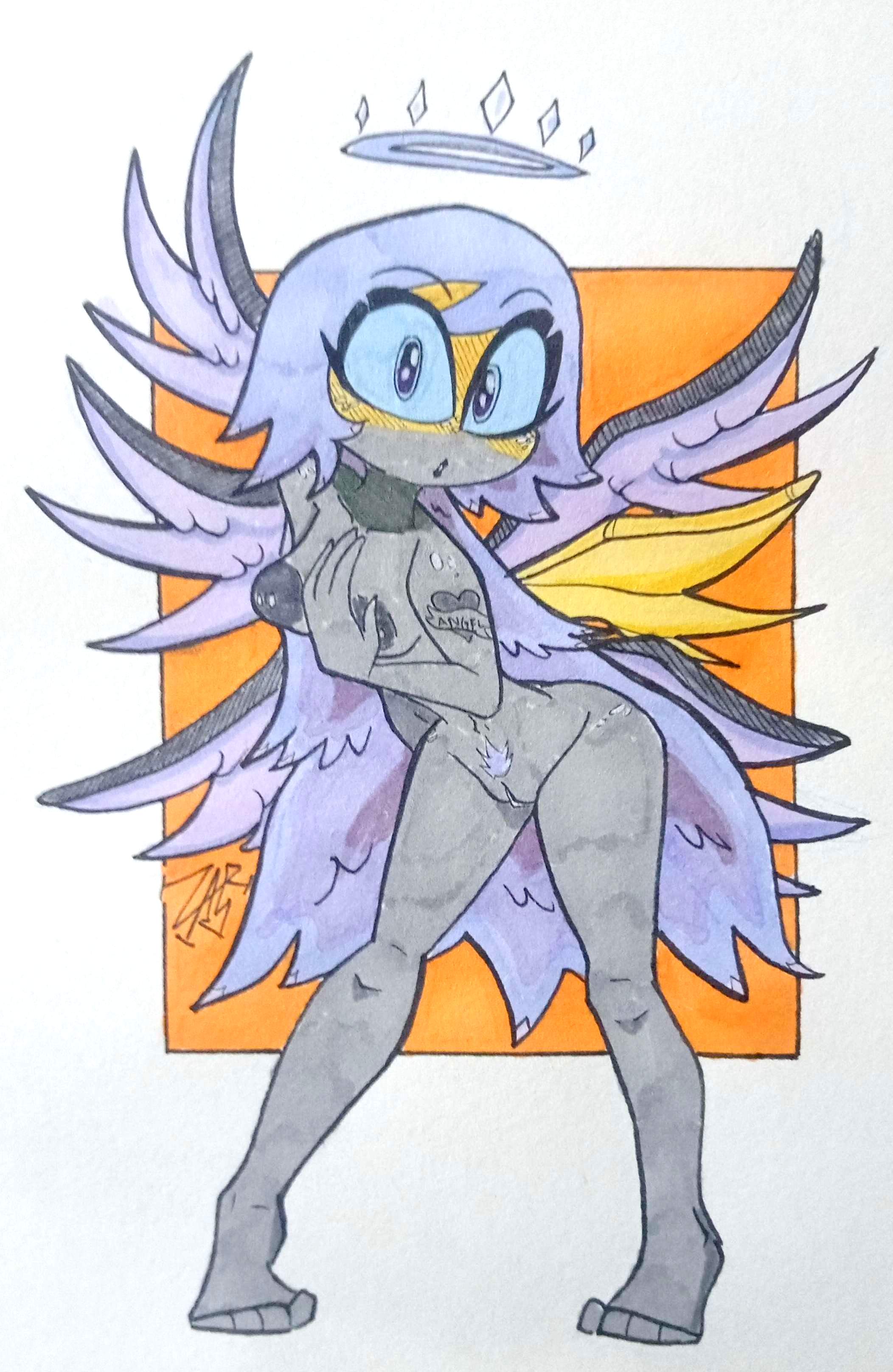angel, angel wings, cute face, embarrassed, embarrassed nude female, emily (hazbin hotel), enf, hazbin hotel, hellaverse, looking at viewer, nude, nude female, pinup, posing, traditional art, vivienne medrano, vivziepop, zarnacius