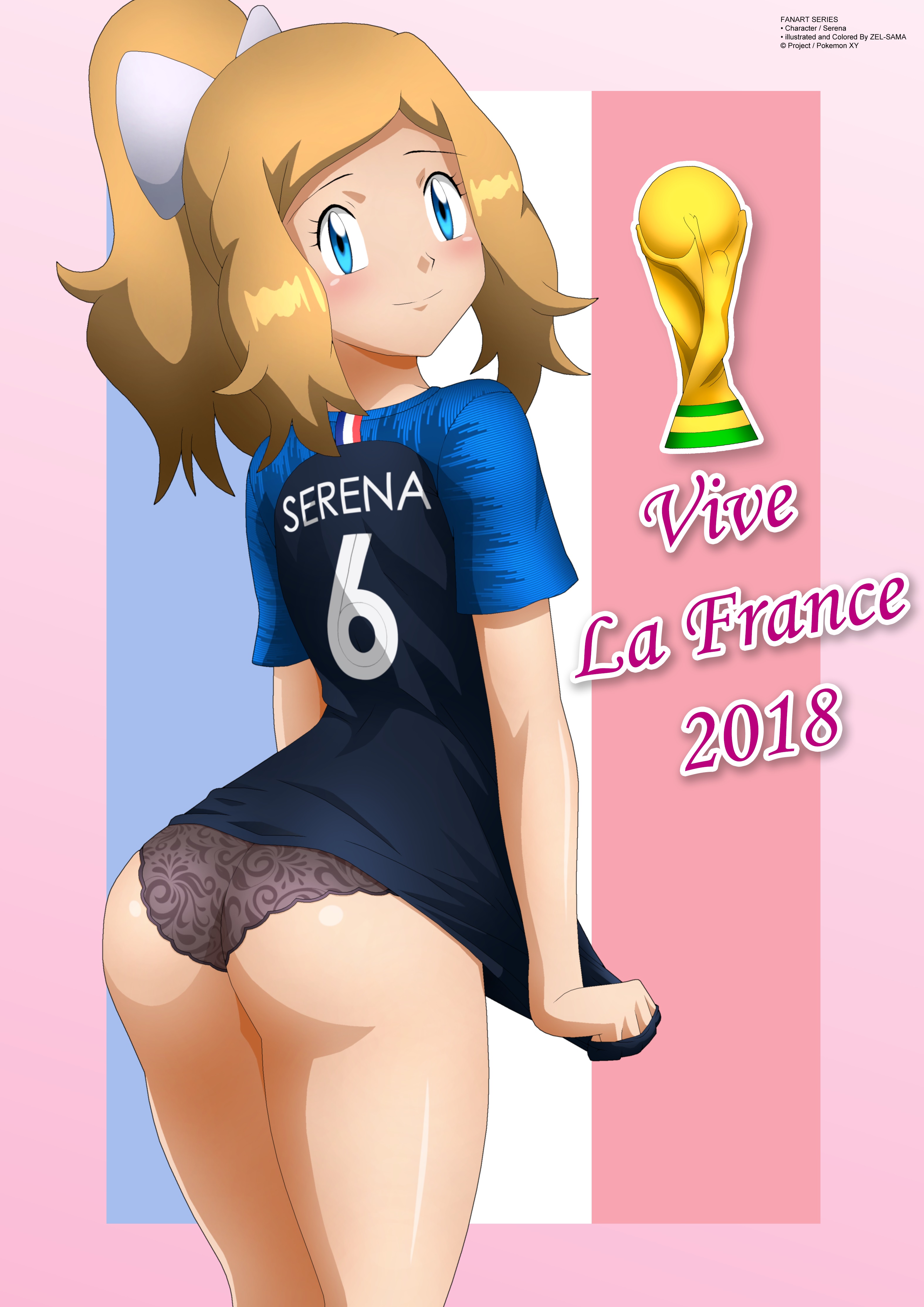 1girls, 2018, ass, black panties, blonde hair, blonde-haired female, blue eyes, blush, eyelashes, female, female only, holding, human, human only, lingerie, long hair, looking at viewer, looking back, nintendo, panties, pink background, pokemon, pokemon xy, ponytail, ribbon, see-through, serena (pokemon), shirt, shirt pull, solo, standing, text, watermark, world cup, zel-sama