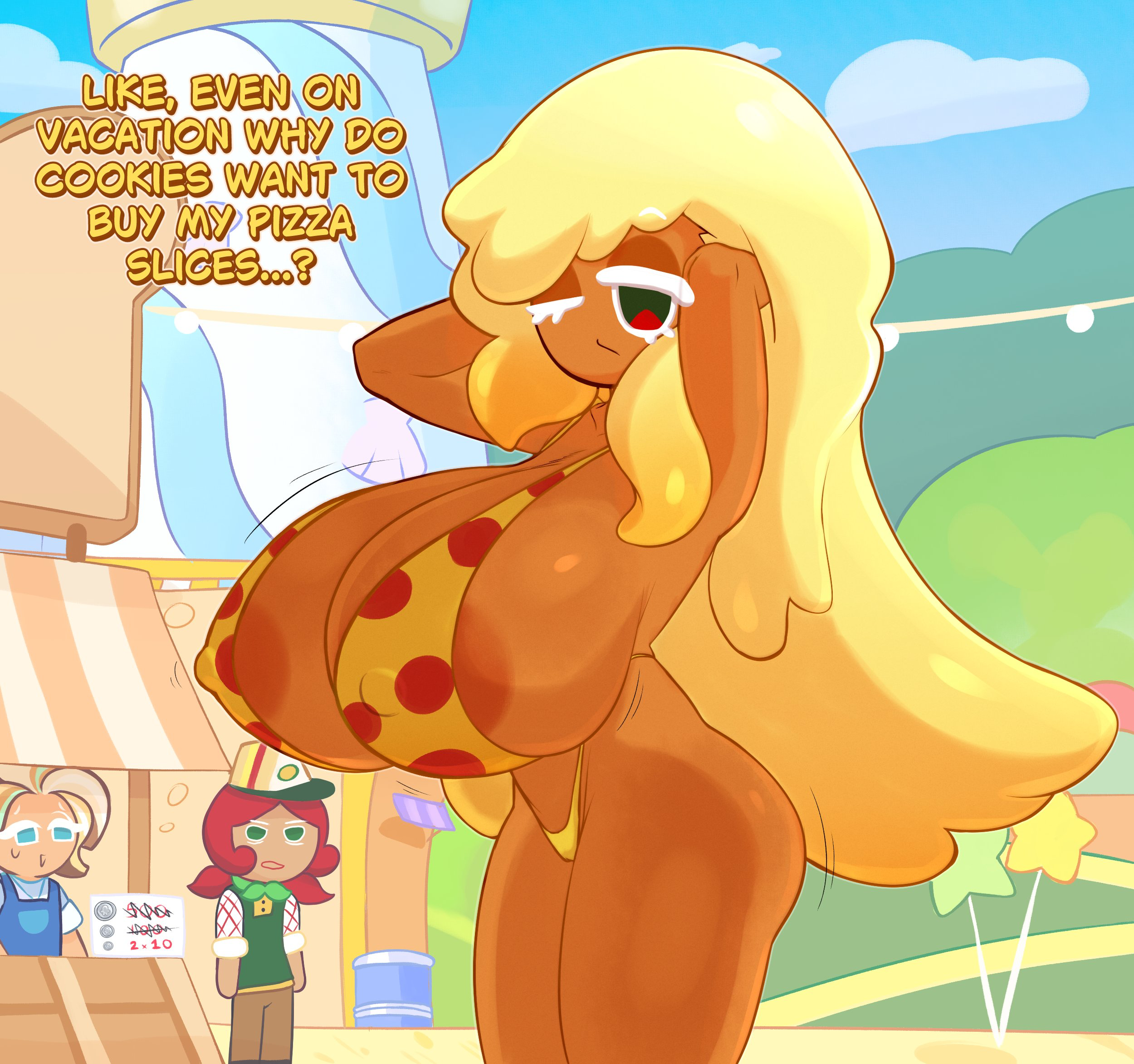 1girls, 2others, bikini, blonde hair, bra, cookie run, cookie run ovenbreak, english text, female, fromariels, hands behind head, long hair, mint wafer cookie, one eye closed, panties, pepperoni, pizza cookie, sandwich cookie, text