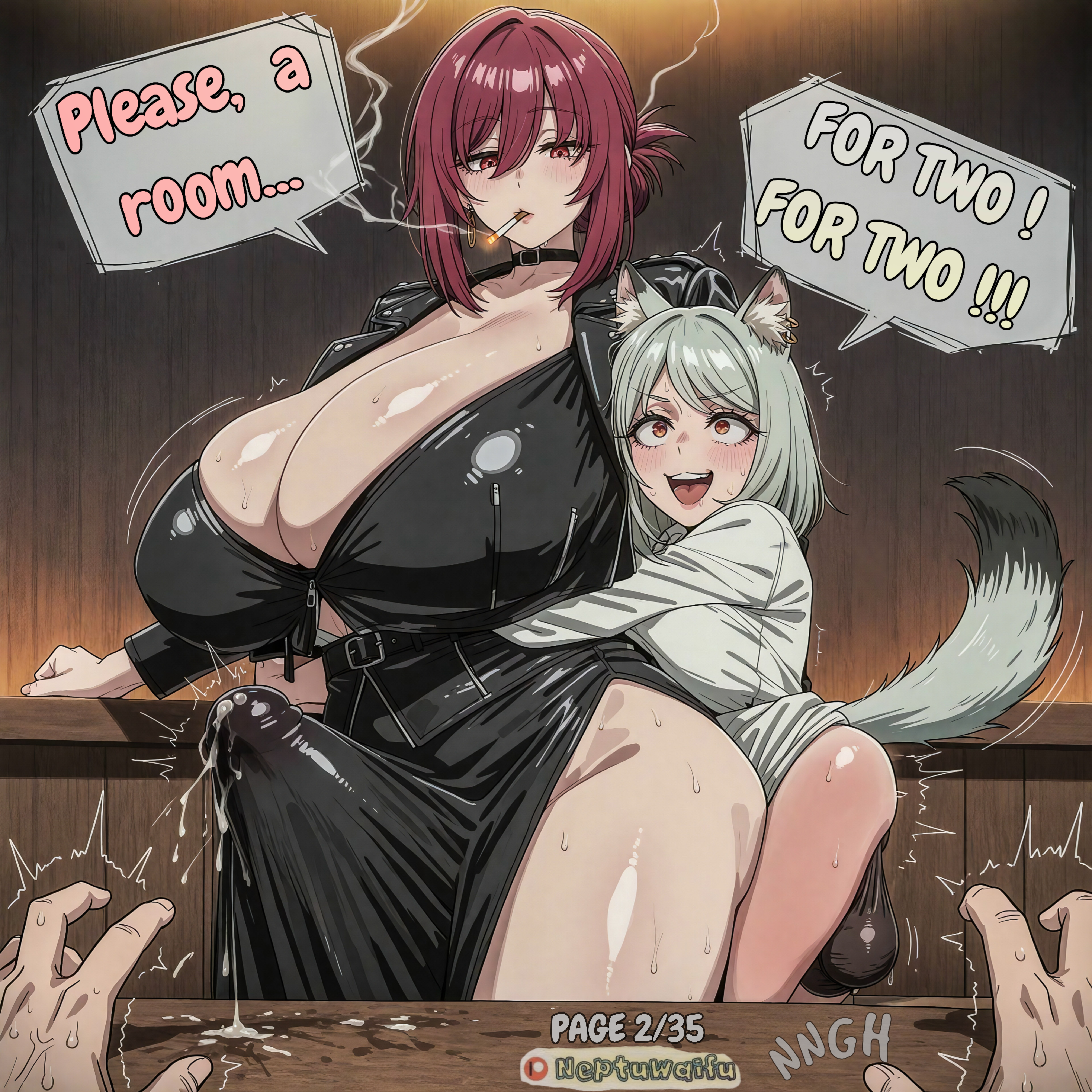 ai assisted, ai generated, big boobs, big breasts, big penis, boobs, cat ears, cat girl, catgirl, chainsmoker cat, comic, comic page, creampie, cum, cum drip, cum in pussy, dick, dickgirl, dickgirl/female, futa, futa on female, futanari, gray hair, kemonomimi, light skin, light-skinned female, neptuwaifu, nipples visible through clothing, no bra, no panties, no underwear, penis, penis out, satou yaniko, semen, semen in vagina, smoking, story, super no ura de yani suu futari, tayama (super no ura de yani suu futari), text, transparent clothing, yani neko, yani neko (yani neko), yellow eyes