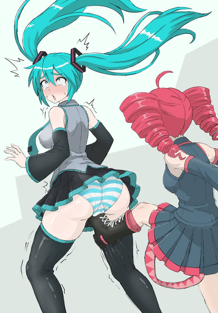 2girls, blush, blushing, crying with eyes open, embarrassed, groin attack, groin kick, hatsune miku, kasane teto, kick, kicking, kicking another, open mouth, pain, panties, red hair, skirt, skirt lift, suffering, tears, thighhighs, trembling, trembling lines, turquoise hair, vocaloid