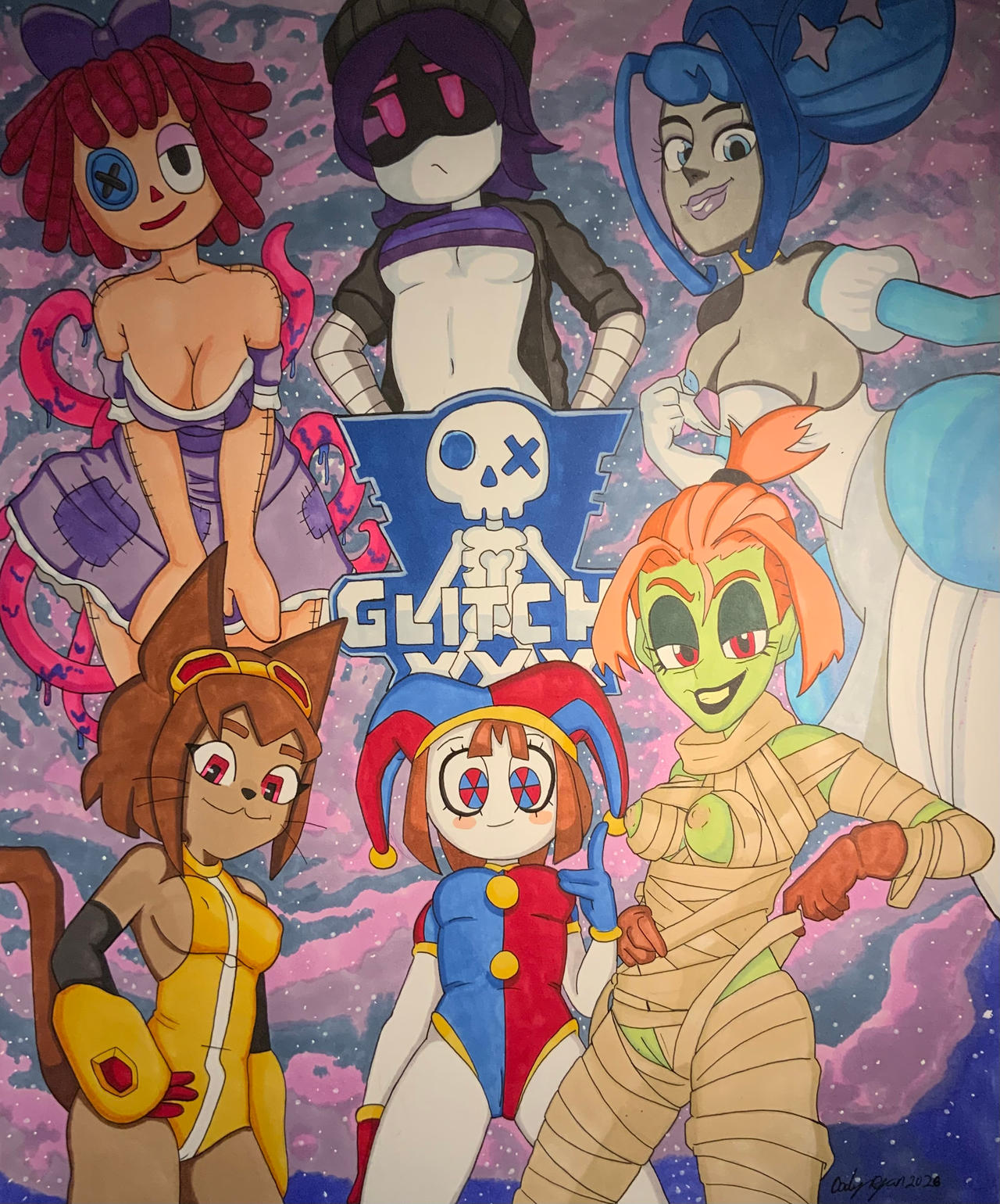 2026, 6girls, breasts, crossover, erection, exposed shoulders, female only, gameoverse, glitch productions, gooseworx, gwen (knights of guinevere), kit (gameoverse), kit bodega, knights of guinevere, melancholy (the gaslight district), melancholy hill, murder drones, nipples, pomni, pomni (tadc), pomni (the amazing digital circus), pussy exposed, ragatha, ragatha (tadc), ragatha (the amazing digital circus), shirt pulled up, tagme, tagme (artist), tentacles, the amazing digital circus, the gaslight district, traditional media (artwork), uzi (murder drones), uzi doorman