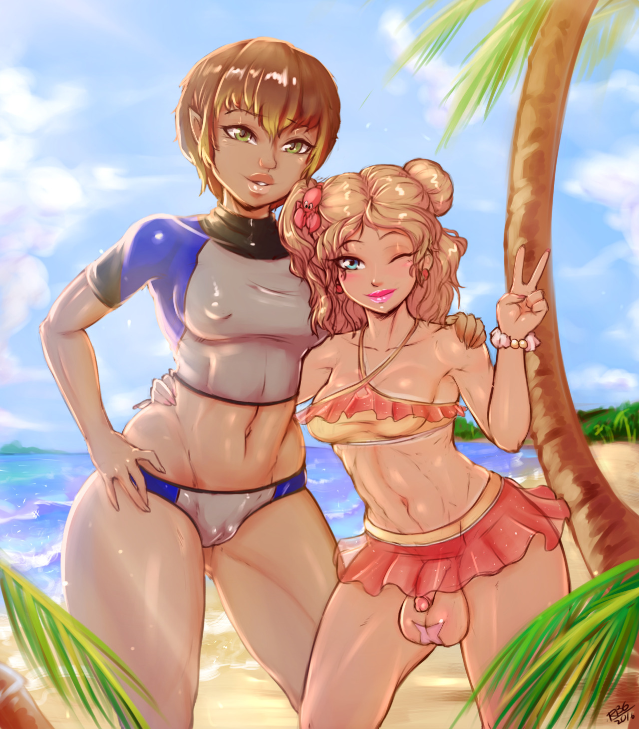 balls, balls bigger than penis, big balls, big balls small penis, bikini, bikini skirt, bottomless, breasts, dickgirl, female, futanari, intersex, kerri yales, nipples, original character, oversized balls, penis, pointy ears, pussy, randomboobguy, small penis, tan, tanlines