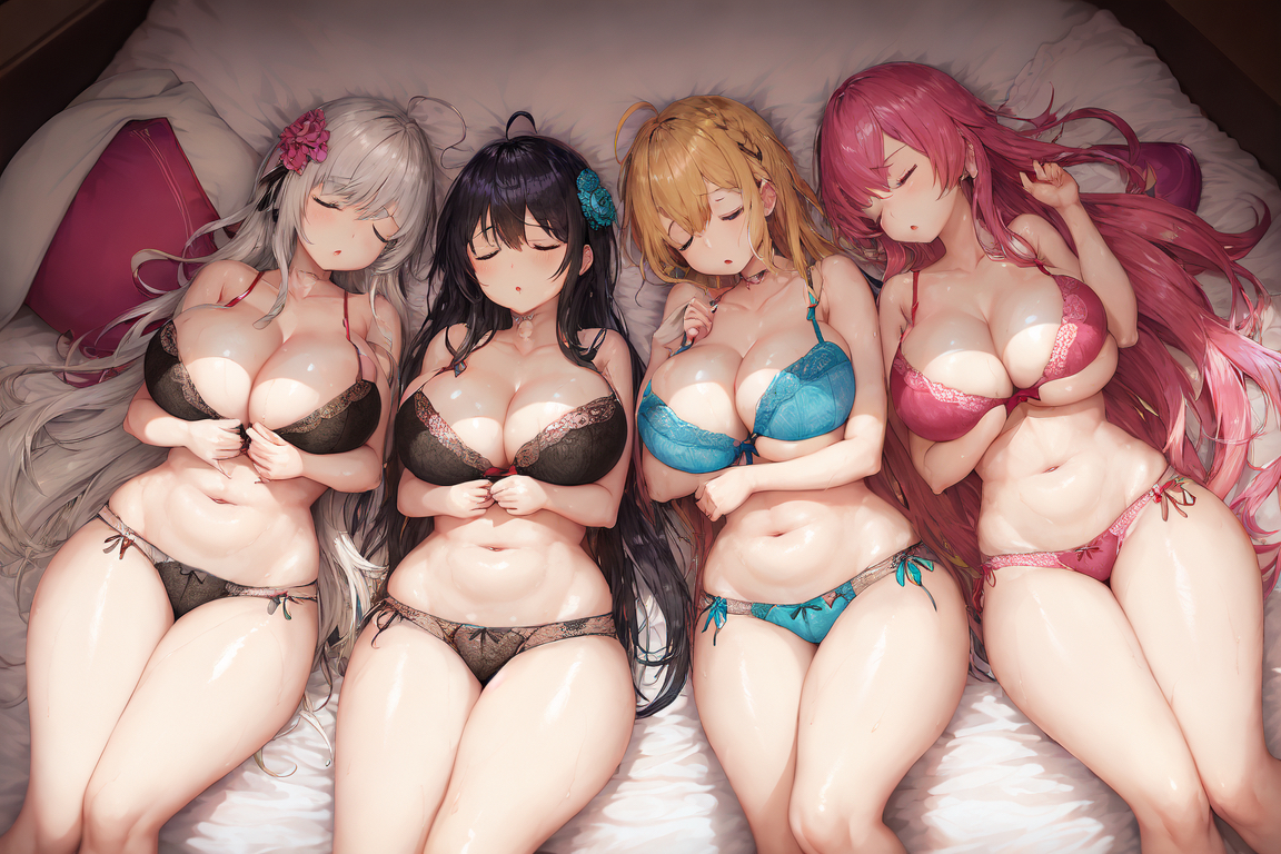 4girls, ai generated, big breasts, black hair, blonde hair, breasts, closed eyes, curvaceous, curvy body, curvy female, curvy figure, female, female only, high resolution, highres, lingerie, long hair, pink hair, seductive look, stable diffusion, underwear, voluptuous, voluptuous female, white hair