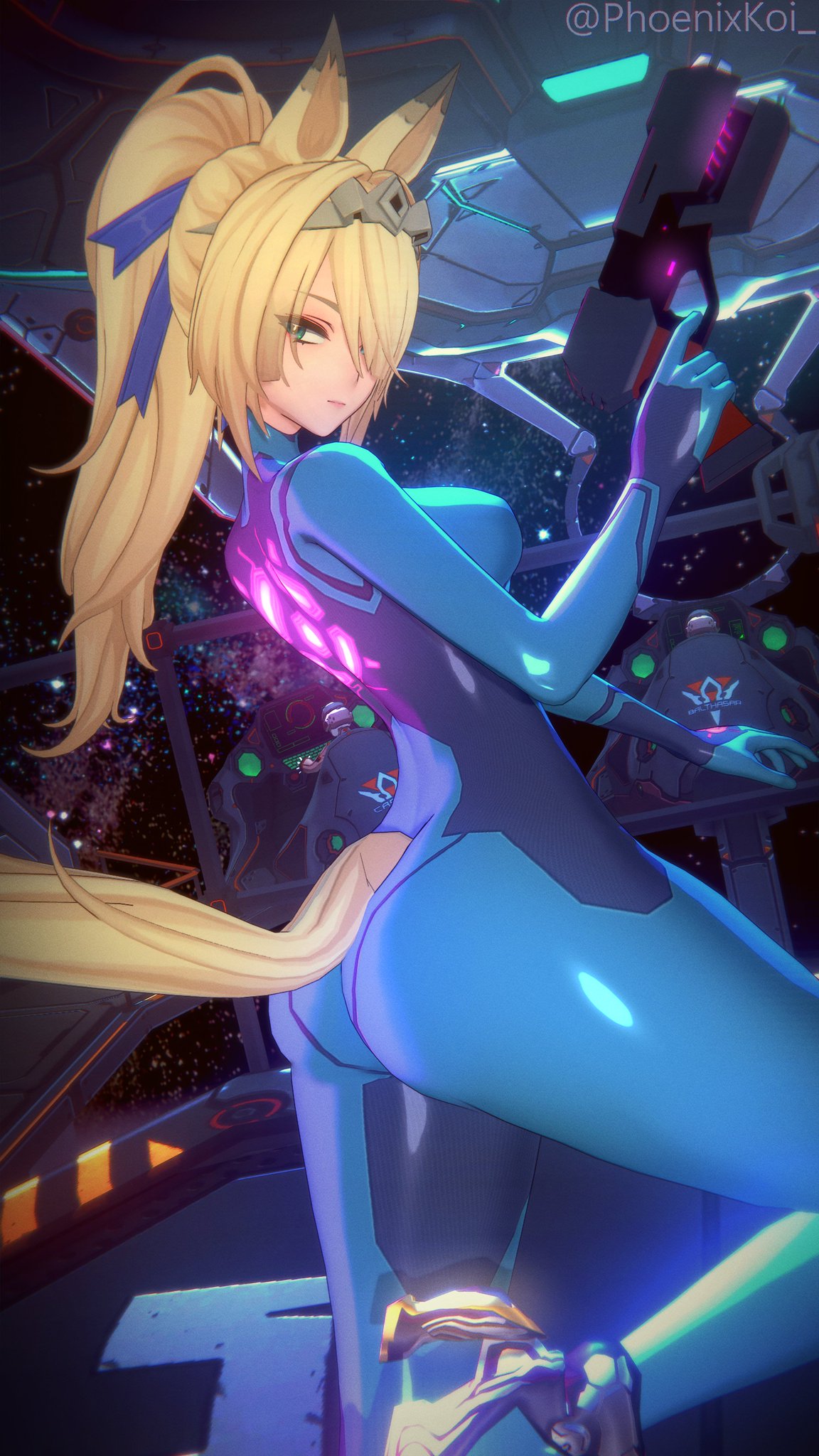 1girls, 3d, 3d model, ass, blue eyes, bodysuit, breasts, bubble butt, cosplay, dumptruck ass, female, female only, high heels, high ponytail, holding gun, horse ears, horse girl, horse tail, kemonomimi, large ass, large breasts, long hair, looking at viewer, pale skin, pale-skinned female, phoenixkoi, pistol, platinum blonde hair, ponytail, samus aran (cosplay), sigrid de l'azur, spankable ass, zenless zone zero, zero suit