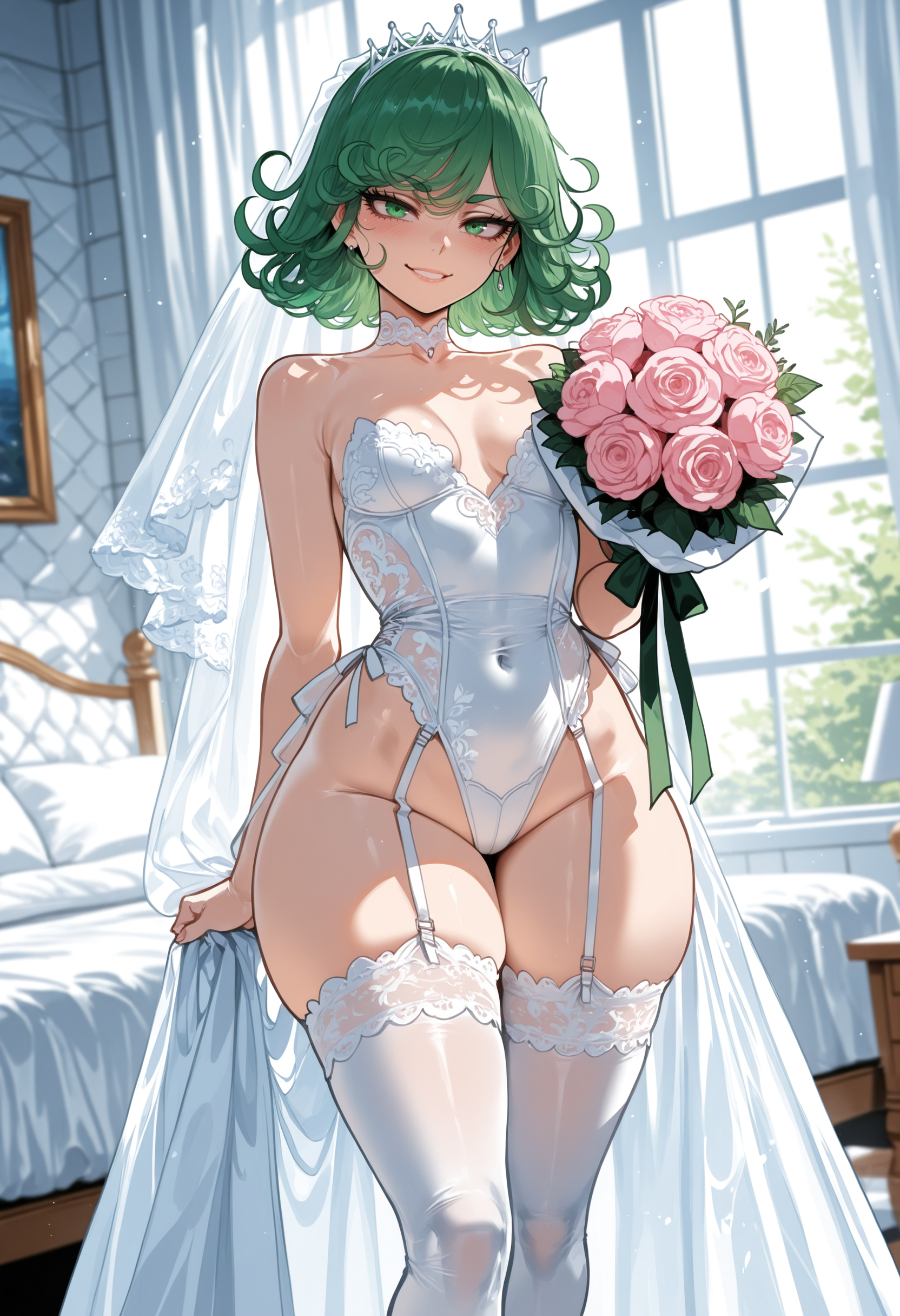 1girls, ai generated, big ass, big butt, big thighs, cute, green eyes, green hair, hot, huge ass, huge butt, huge thighs, lifting, looking at viewer, miyuai, one-punch man, sexy, sexy body, solo, tatsumaki, thick, thick ass, thick butt, thick legs, thick thighs, wedding dress, wedding lingerie