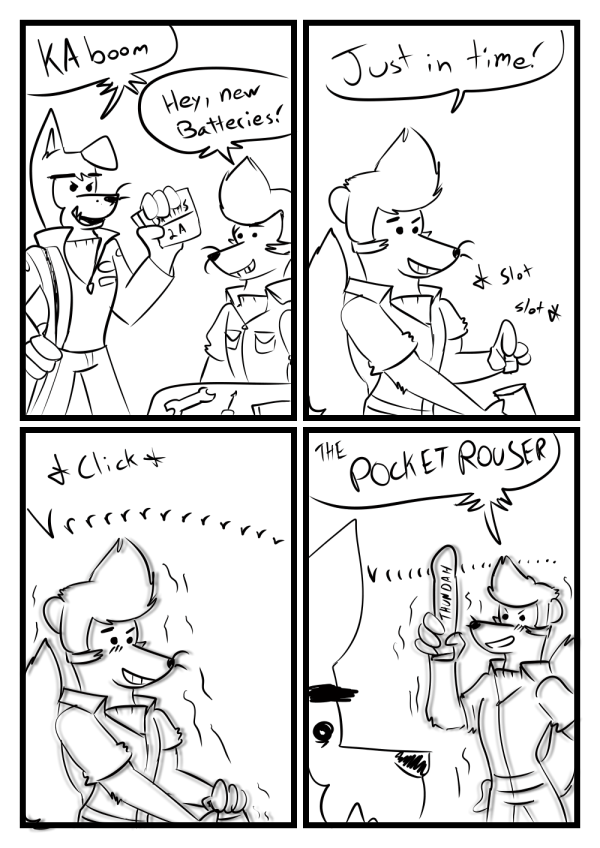 4_panel_comic anthro batteries battery buddy_thunderstruck buddy_thunderstruck_(series) canine comic darnell_(buddy_thunderstruck) dildo ferret foxzombiej furry highres male mammal mustelid onamonapia sex_toy text text_bubble vibrator yaoi