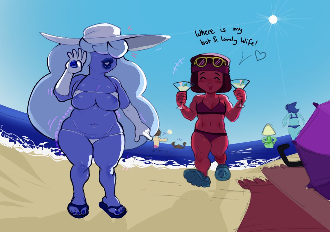 alcoholdroopy bangs_over_eyes bbw beach big_ass big_breasts bikini blue_hair blue_skin brown_hair crocs dialogue elbow_gloves flip_flops gem_(species) headband heart lapis_lazuli_(steven_universe) lipstick long_hair martini nipple_bulge peridot_(steven_universe) red_skin ruby_(steven_universe) sandals sapphire_(steven_universe) short_hair shortstack small_bikini steven_universe sun_hat toenail_polish