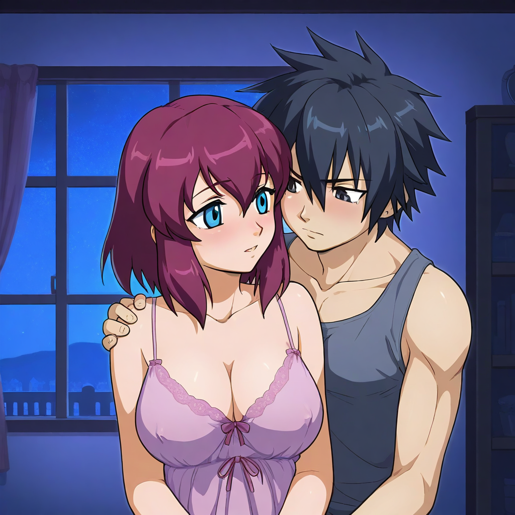 1male ai_generated black_hair couple crossover fairy_tail gray_fullbuster henrietta_de_tristain nightgown zero_no_tsukaima