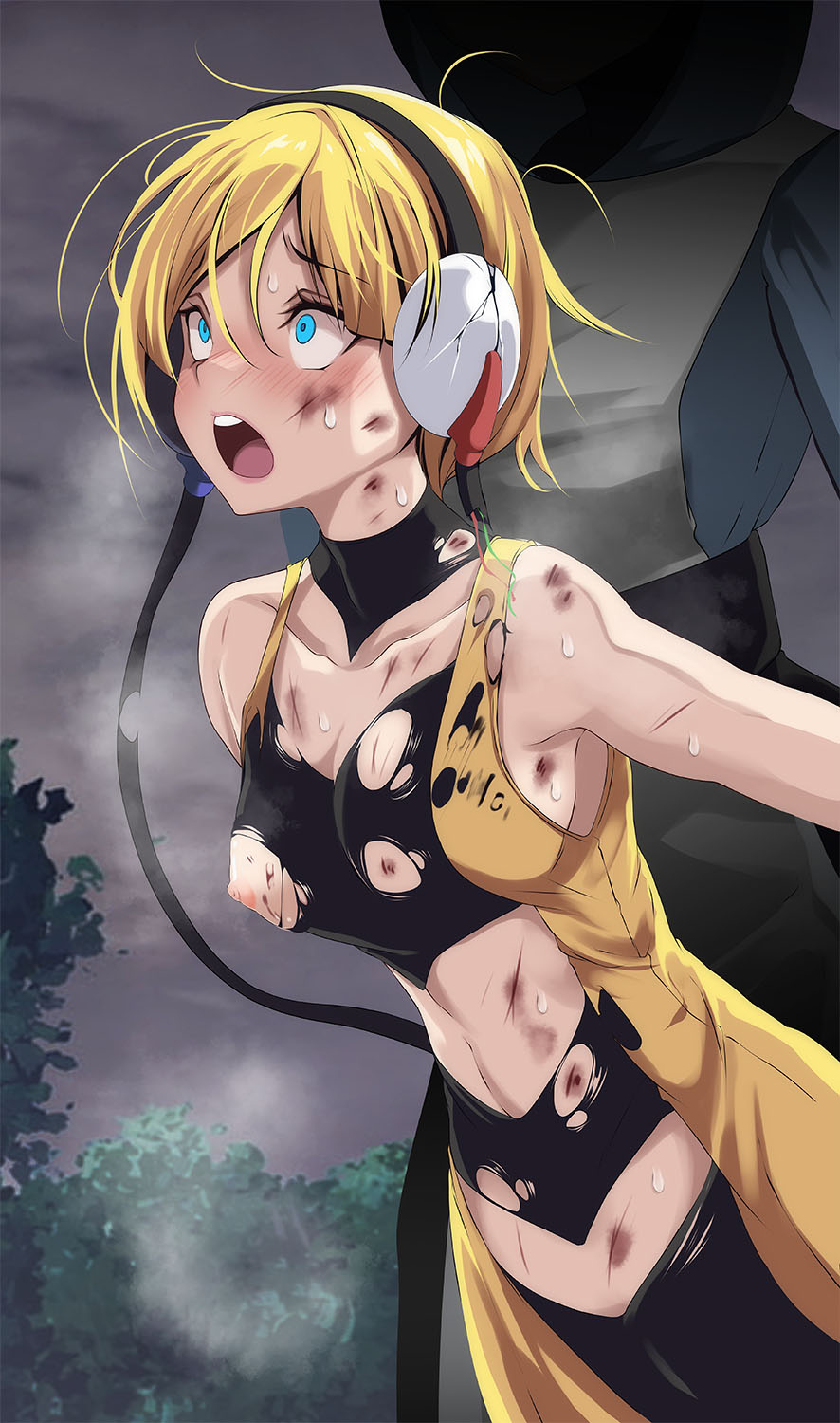 2girls :o blonde_hair blue_eyes breasts bruise clothed creatures_(company) elesa_(pokemon) elesa_(pokemon_bw) game_freak headphones hi_res night nintendo nipples open_mouth outdoors pokemon pokemon_bw rape restrained short_hair small_breasts team_plasma team_plasma_grunt torn_clothes tsukishiro_saika