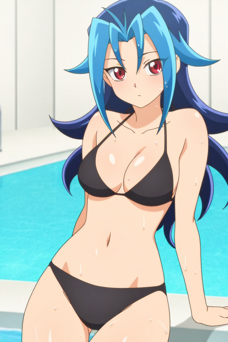 ai_generated bikini blue_hair breasts closed_mouth female female hi_res kamishiro_rio long_hair looking_at_another navel red_eyes rio_kamishiro solo teenager wet yu-gi-oh! yu-gi-oh!_zexal