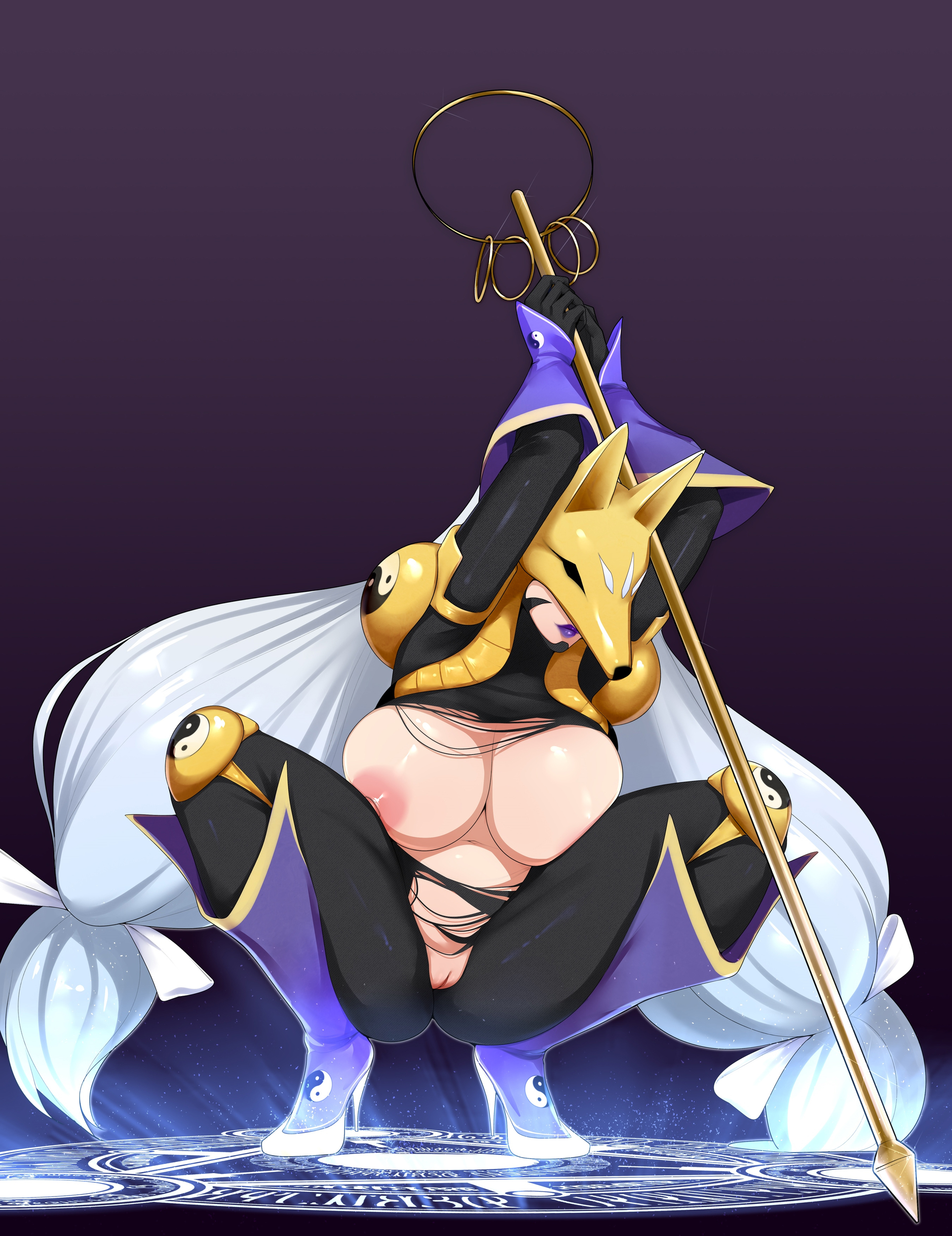 1girls, areolae, armwear, big breasts, bodysuit, breasts, crouching, digimon, digimon (species), female, female focus, female only, heel boots, hi res, large breasts, long hair, magic circle, mask, nofuture, purple lips, purple lipstick, pussy, ripped clothing, sakuyamon, solo, solo female, staff, twintails, white hair, yin yang