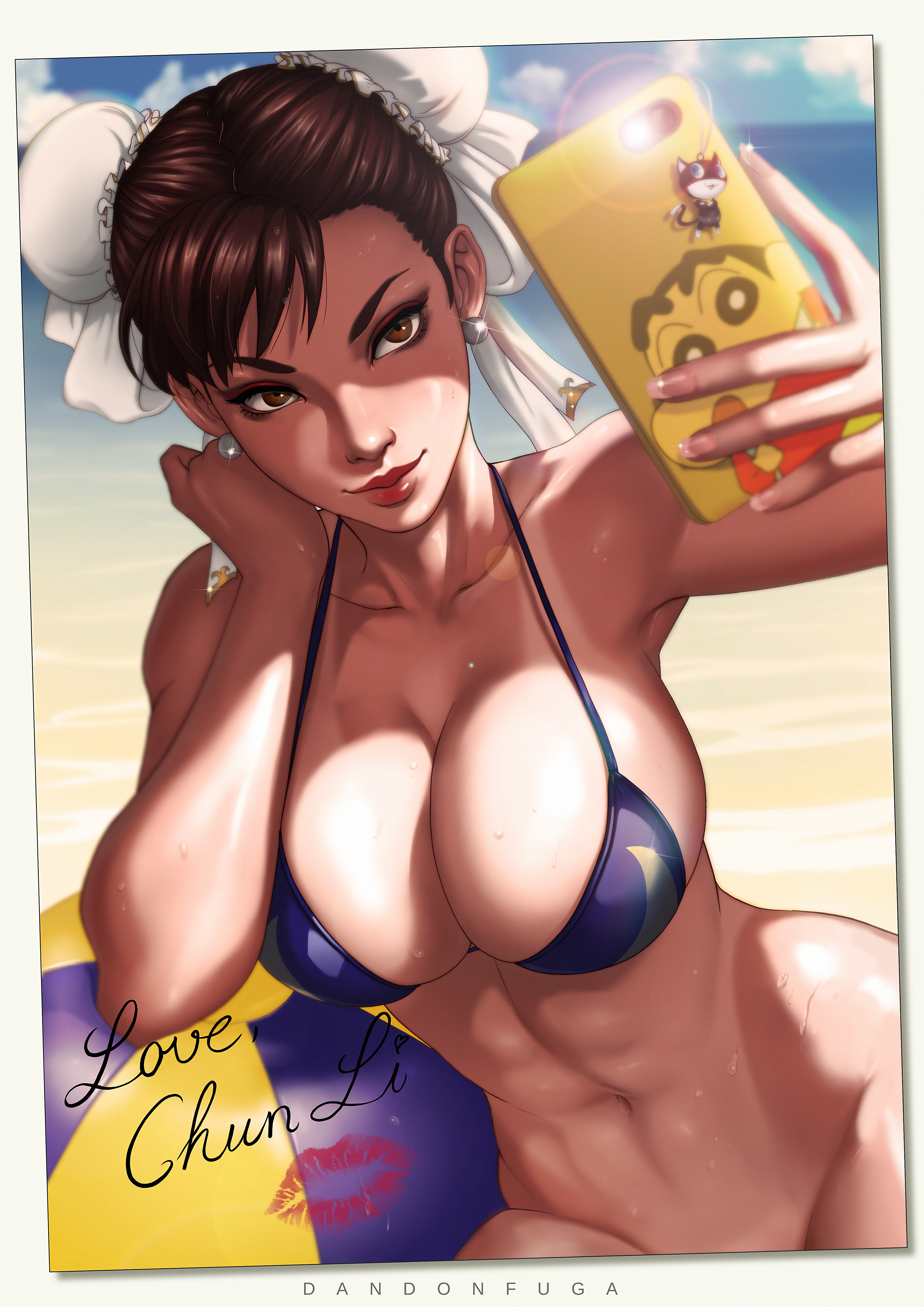 abs, absurdres, beach, beach ball, bikini, bikini top, blue bikini, bottomless, breasts, brown eyes, brown hair, bun cover, capcom, character name, chun-li, cleavage, clouds, convenient censoring, curvy, dandon fuga, double bun, earrings, female, female only, hair bun, hairless pussy, highres, huge breasts, kiss mark, large breasts, outdoors, pussy, selfie, smartphone, smile, solo, strap gap, street fighter, sweat, tanline, text, toned