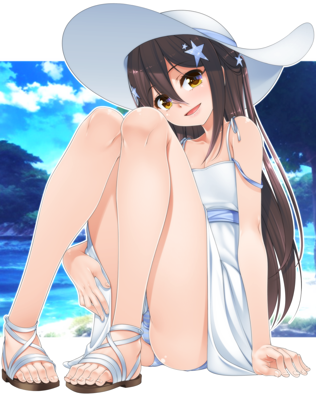 1boy aogiri_penta ass beach brown_eyes brown_hair bulge dress feet hat highres knee_up legs long_hair open_mouth original otoko_no_ko outdoors panties pantyshot sandals sitting smile solo sun_hat sundress thighs toes underwear white_dress white_hat white_panties